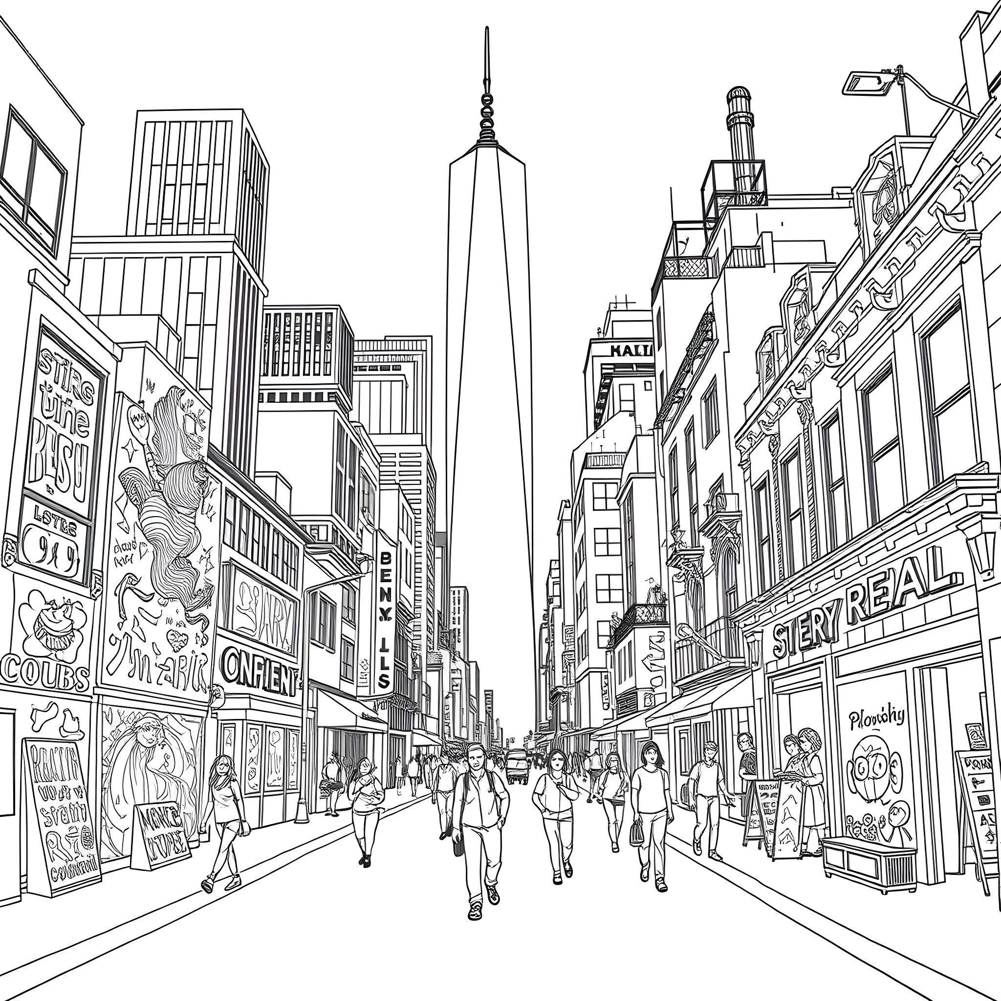 City scene with bustling streets and skyscrapers Coloring Page (free black-and-white line drawing printable PDF for all, from beginners to advanced learners, including children, teens, adults, and seniors)