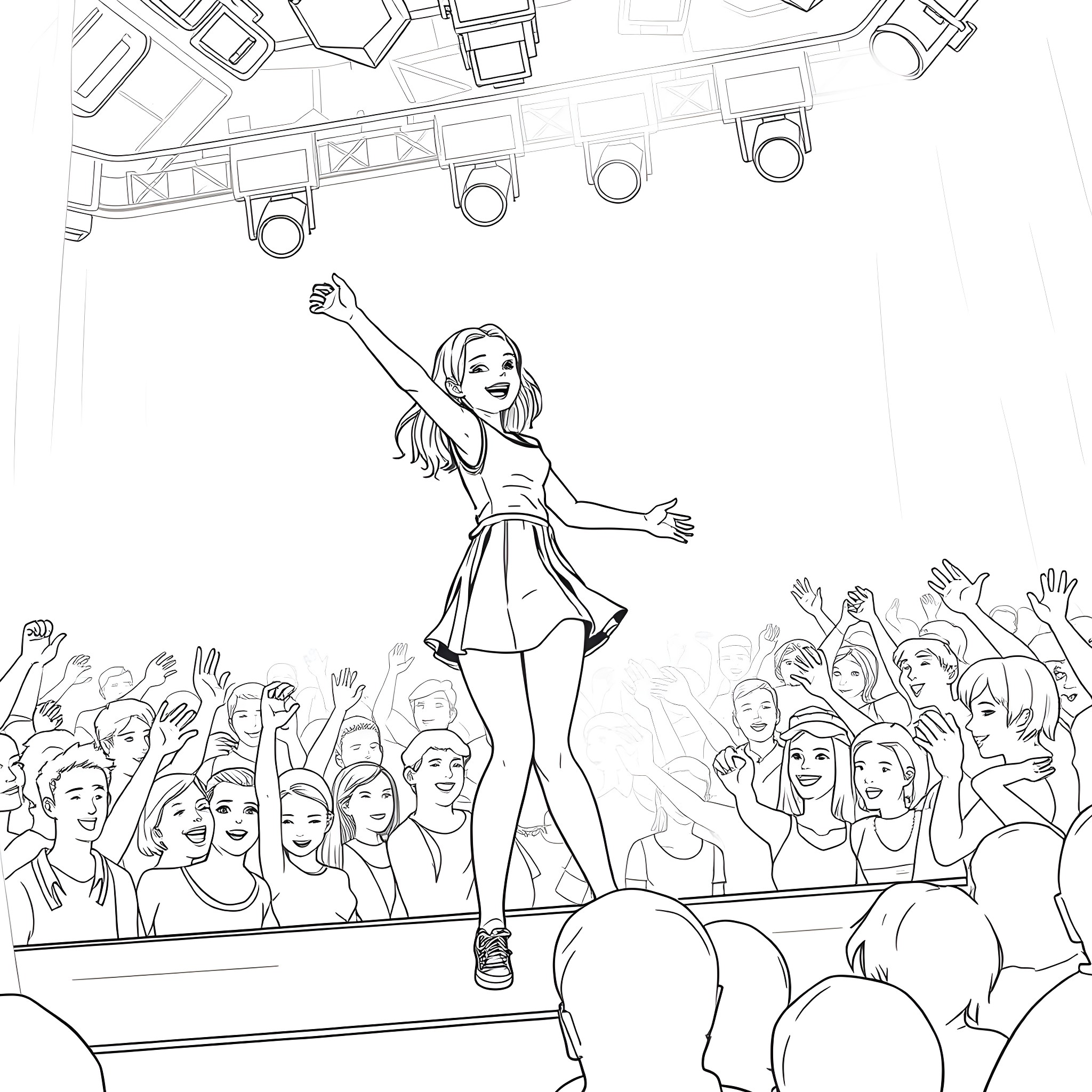 Teen Girl Performing on Stage in Front of Crowd Coloring Page (free black-and-white line drawing printable PDF for all, from beginners to advanced learners, including children, teens, adults, and seniors)