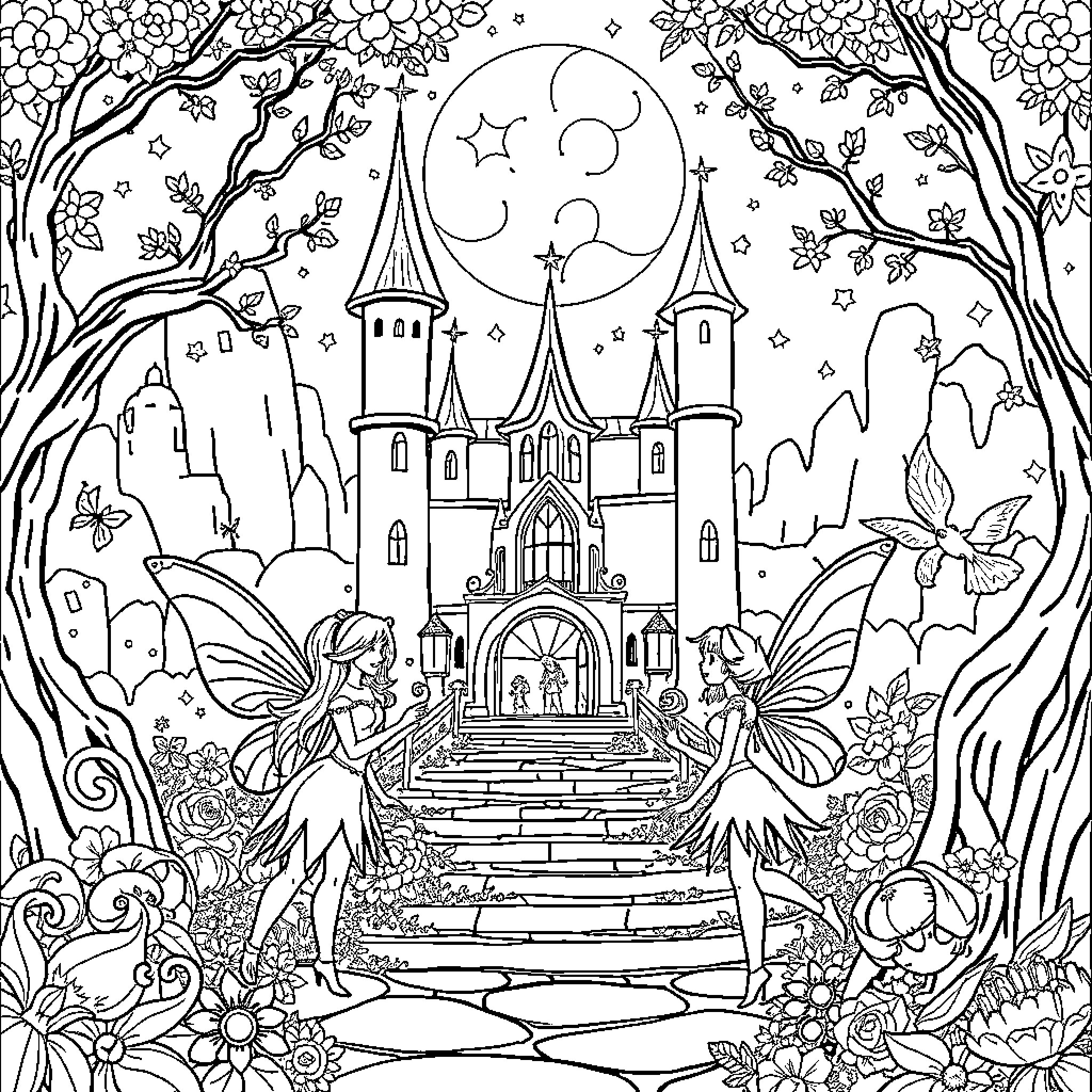 Fairy Tale Castle with Whimsical Creatures Coloring Page (free black-and-white line drawing printable PDF for all, from beginners to advanced learners, including children, teens, adults, and seniors)