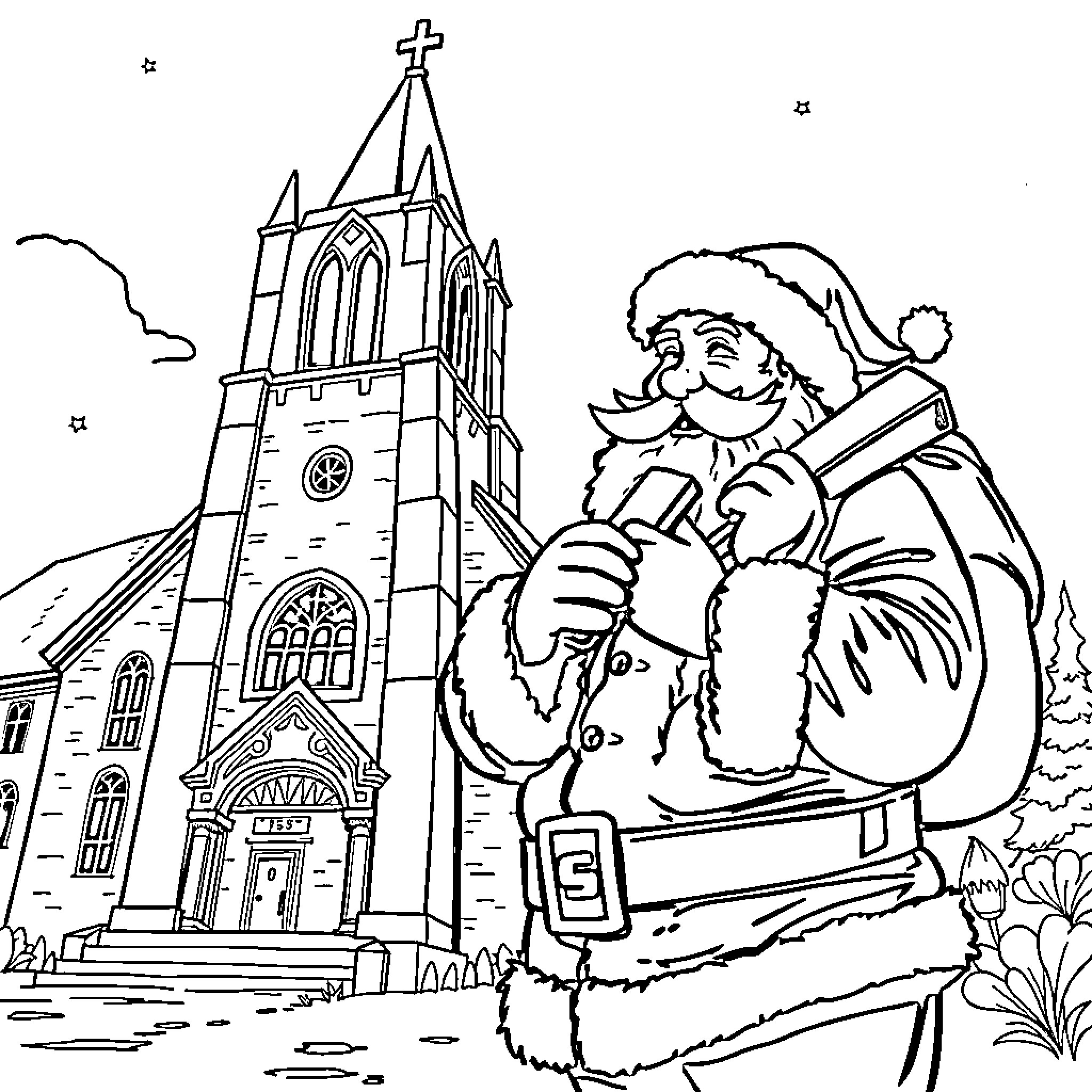 Santa delivering gifts in front of a church Coloring Page (free black-and-white line drawing printable PDF for all, from beginners to advanced learners, including children, teens, adults, and seniors)