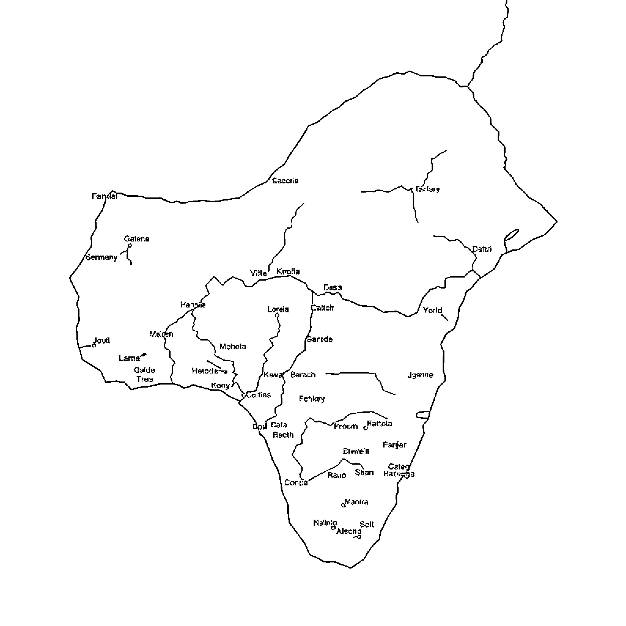 Guinea Map with Outlined Country Borders Coloring Page (free black-and-white line drawing printable PDF for all, from beginners to advanced learners, including children, teens, adults, and seniors)