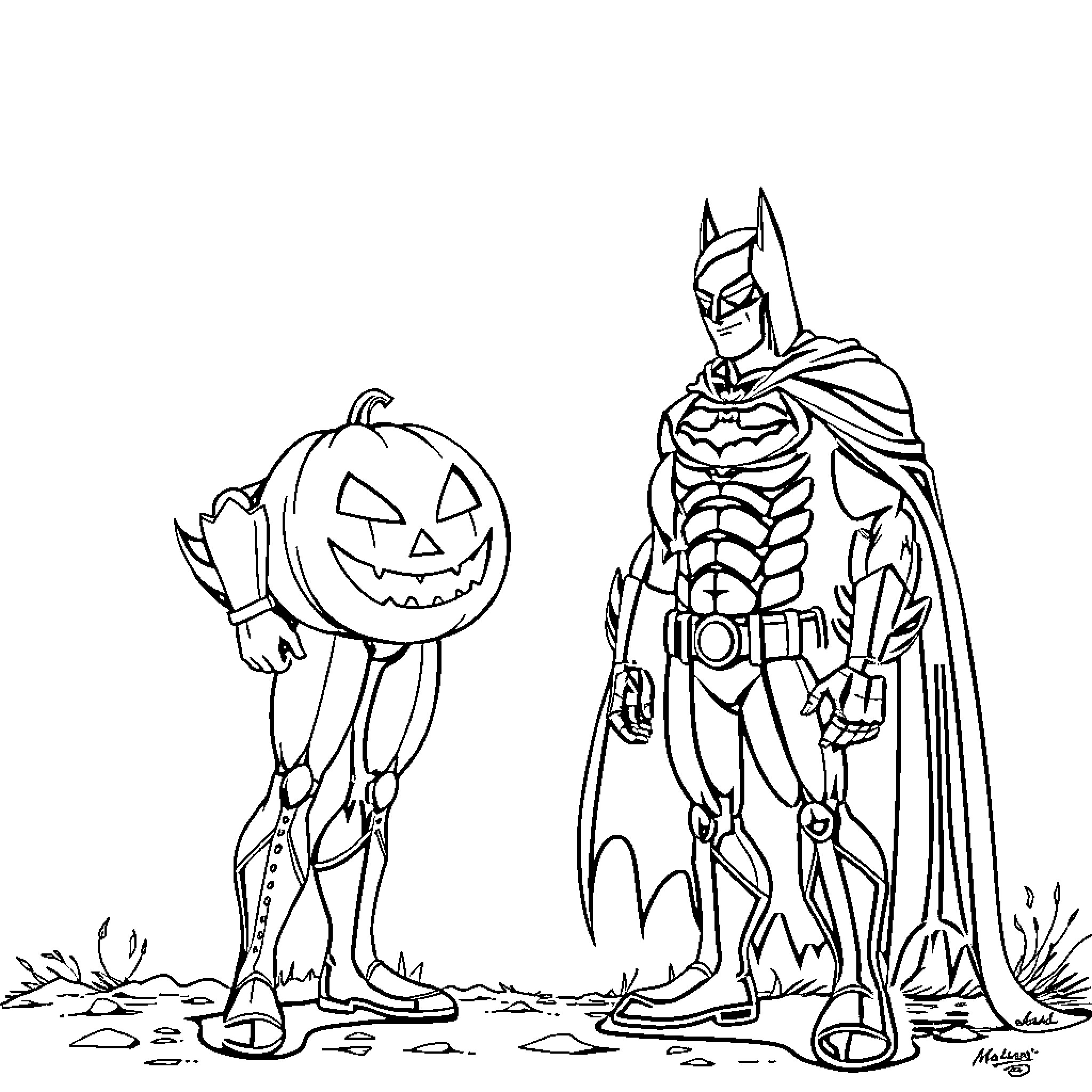 Batman confronts a Halloween pumpkin figure Coloring Page (free black-and-white line drawing printable PDF for all, from beginners to advanced learners, including children, teens, adults, and seniors)