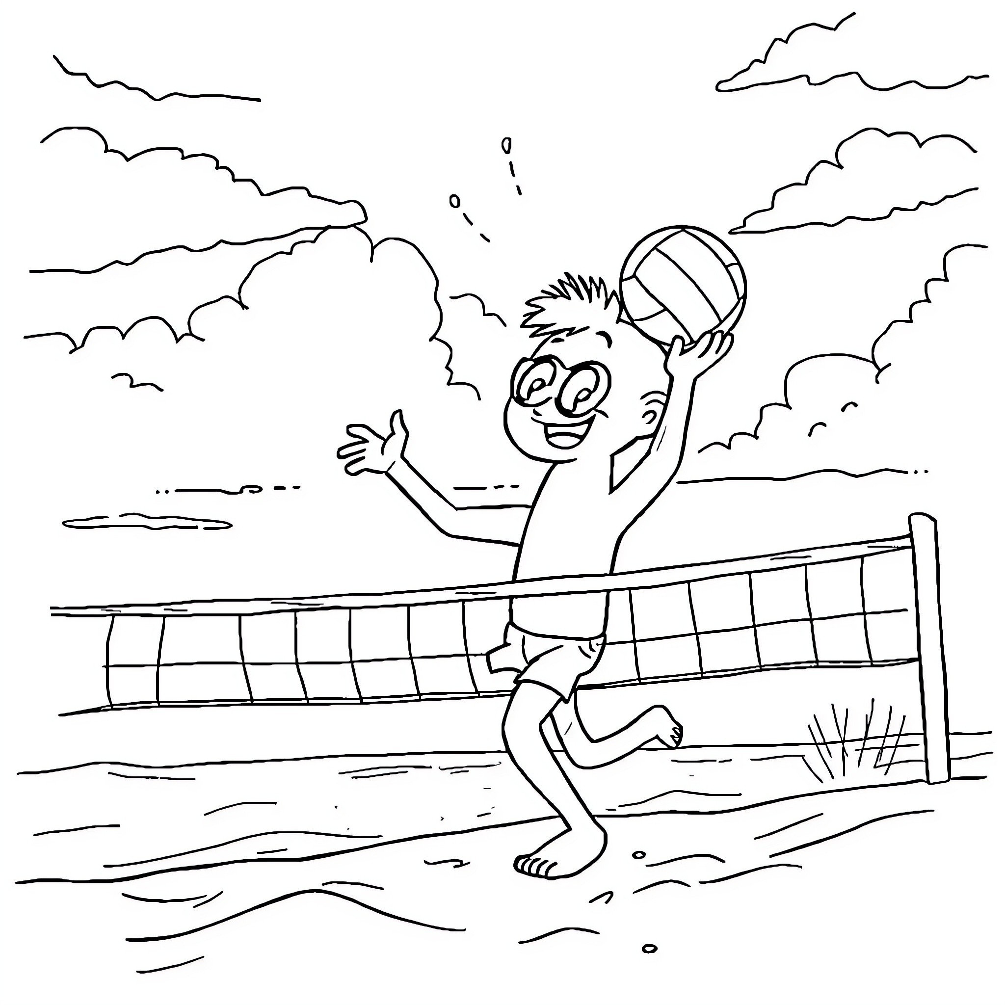 Bluey playing volleyball on the beach Coloring Page (free black-and-white line drawing printable PDF for all, from beginners to advanced learners, including children, teens, adults, and seniors)