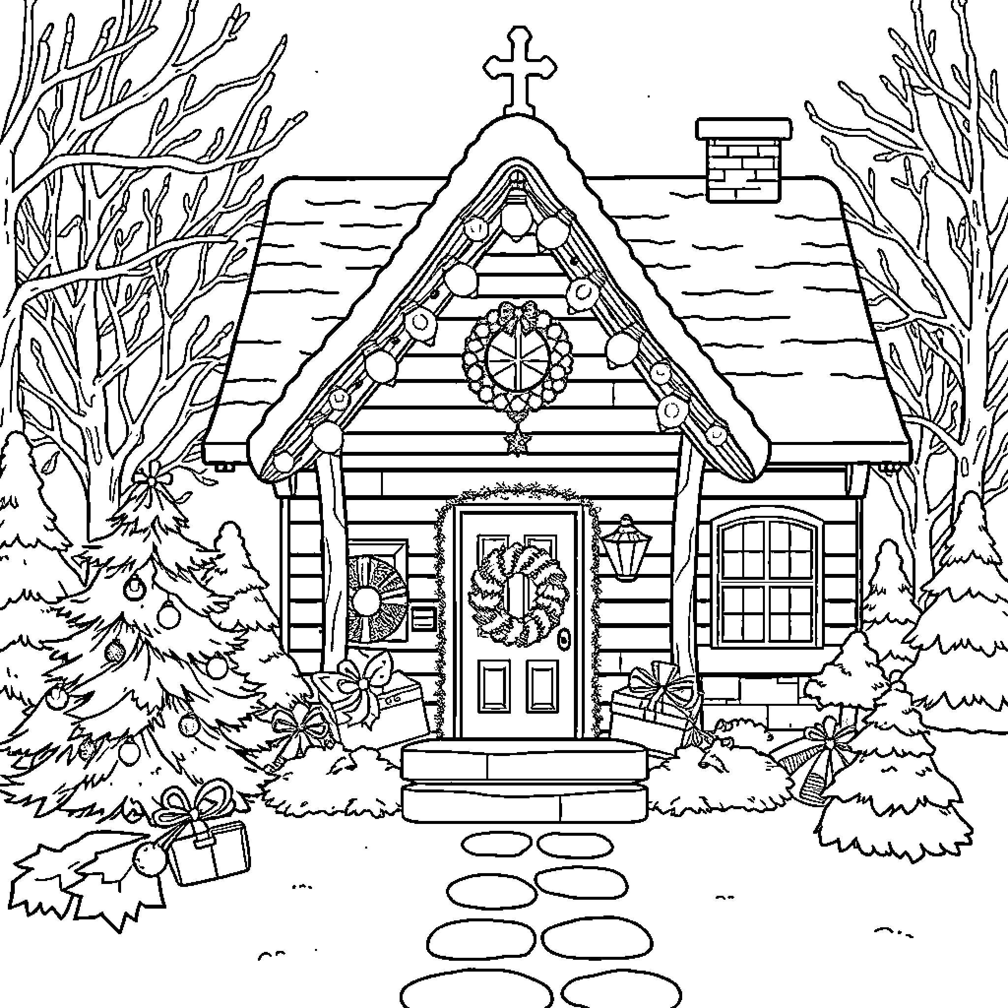 House decorated for the holiday season Coloring Page (free black-and-white line drawing printable PDF for all, from beginners to advanced learners, including children, teens, adults, and seniors)