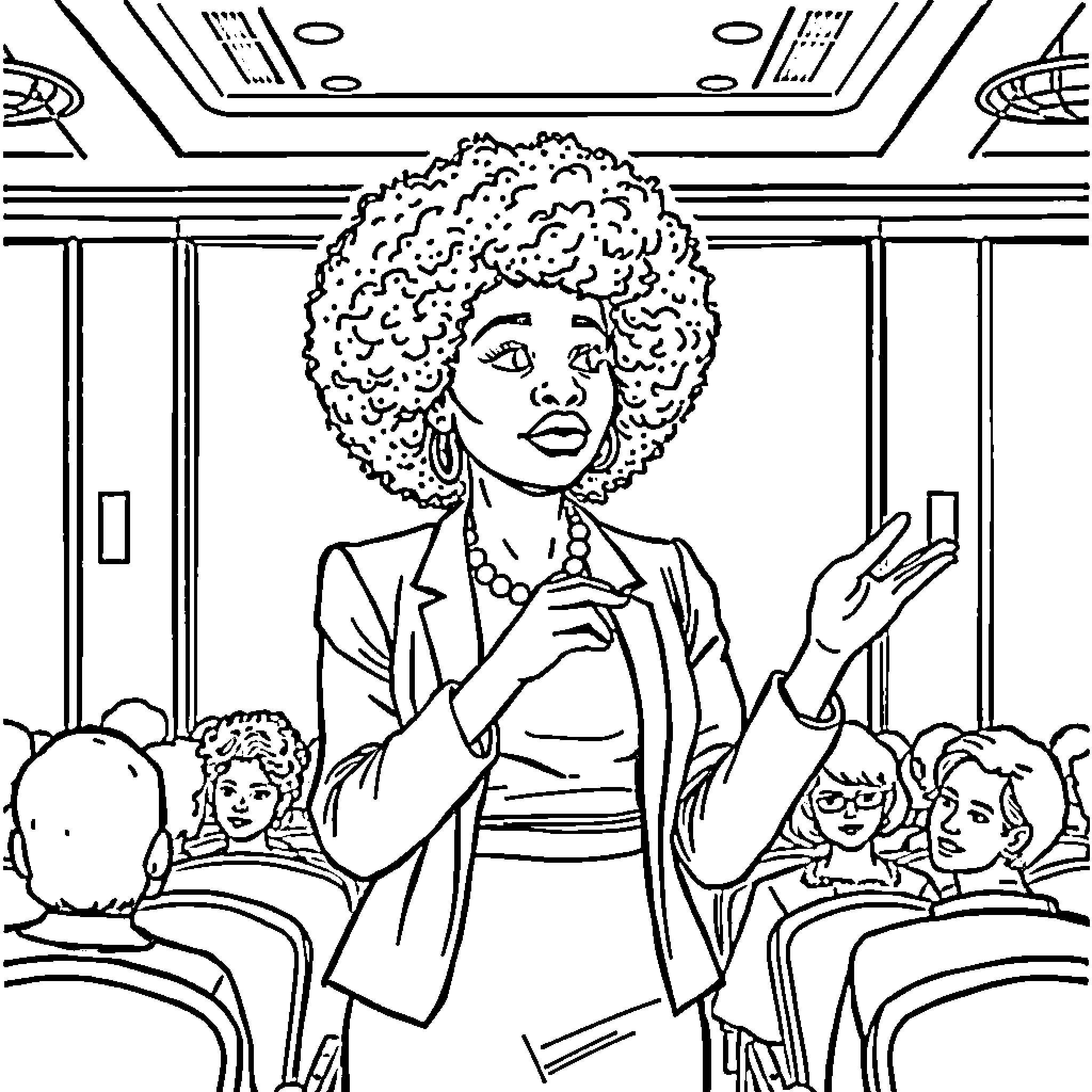 Interpreter addressing audience in presentation Coloring Page (free black-and-white line drawing printable PDF for all, from beginners to advanced learners, including children, teens, adults, and seniors)