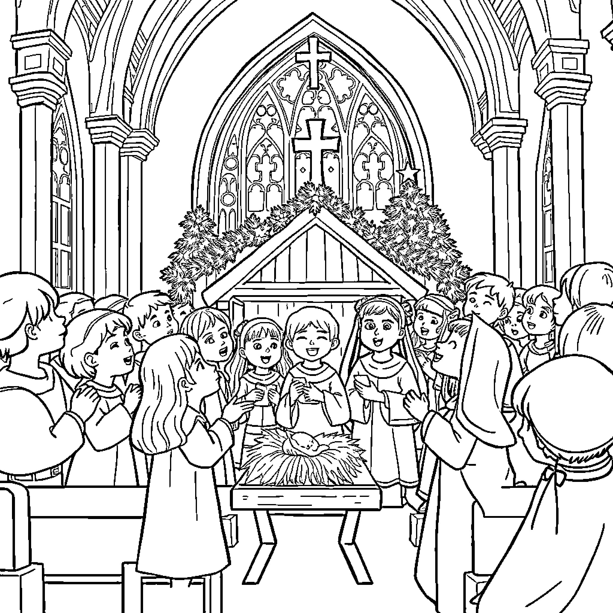 Kids celebrate Christmas in church Coloring Page (free black-and-white line drawing printable PDF for all, from beginners to advanced learners, including children, teens, adults, and seniors)