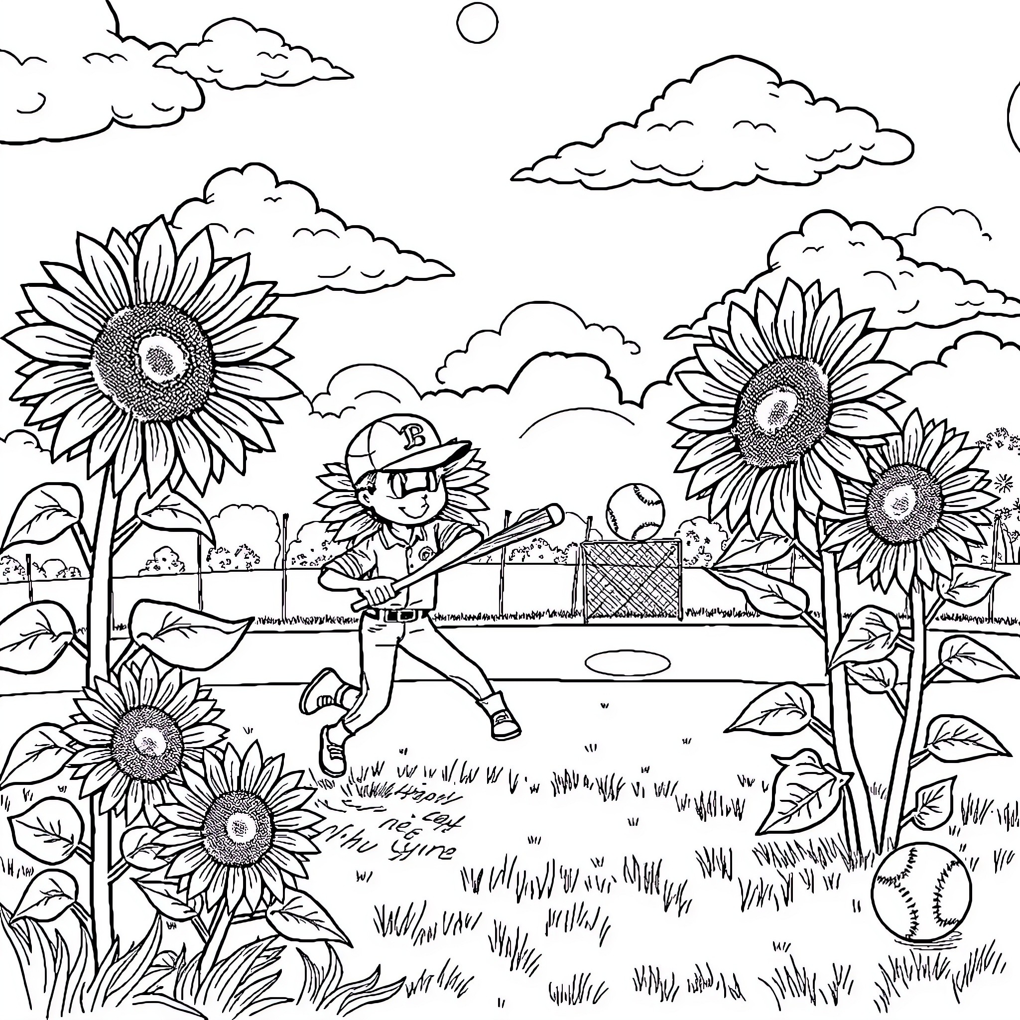 Sunflower garden with a child playing baseball Coloring Page (free black-and-white line drawing printable PDF for all, from beginners to advanced learners, including children, teens, adults, and seniors)