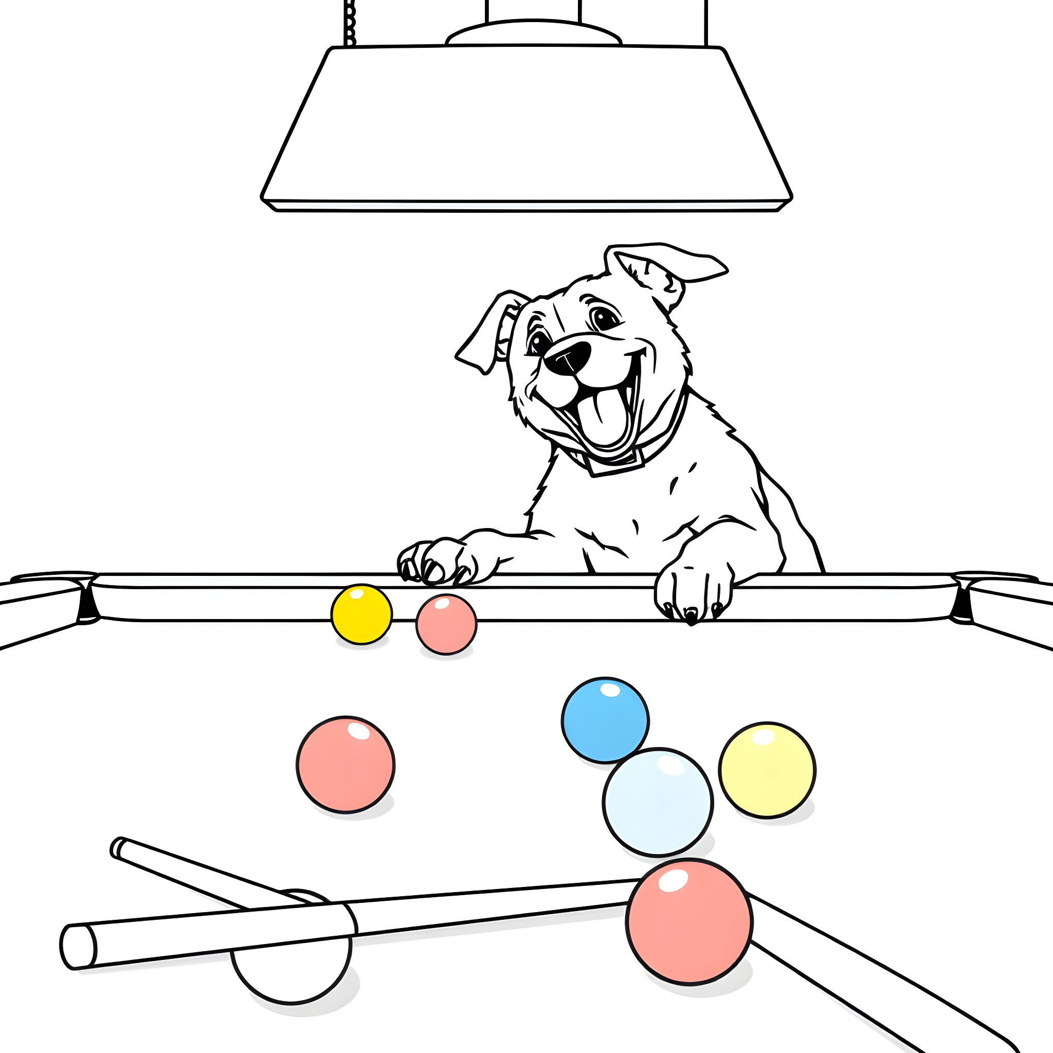Dog playing with colorful balls under hanging lamp Coloring Page (free black-and-white line drawing printable PDF for all, from beginners to advanced learners, including children, teens, adults, and seniors)