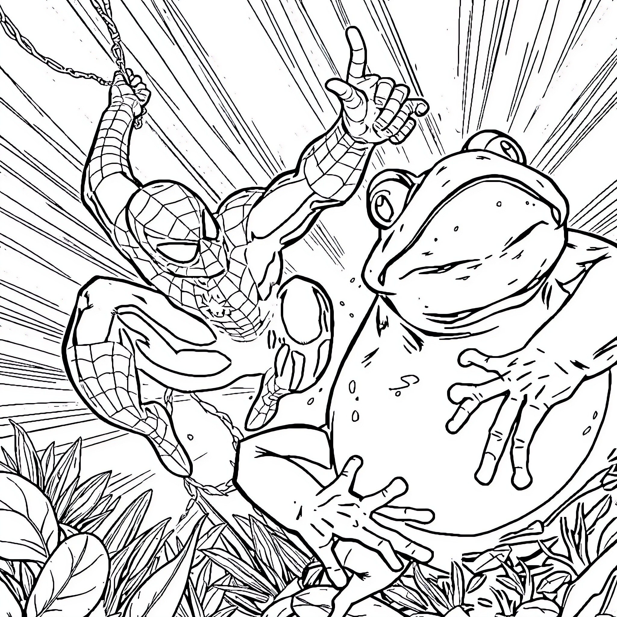 Spider-Man battles a giant frog in the jungle Coloring Page (free black-and-white line drawing printable PDF for all, from beginners to advanced learners, including children, teens, adults, and seniors)