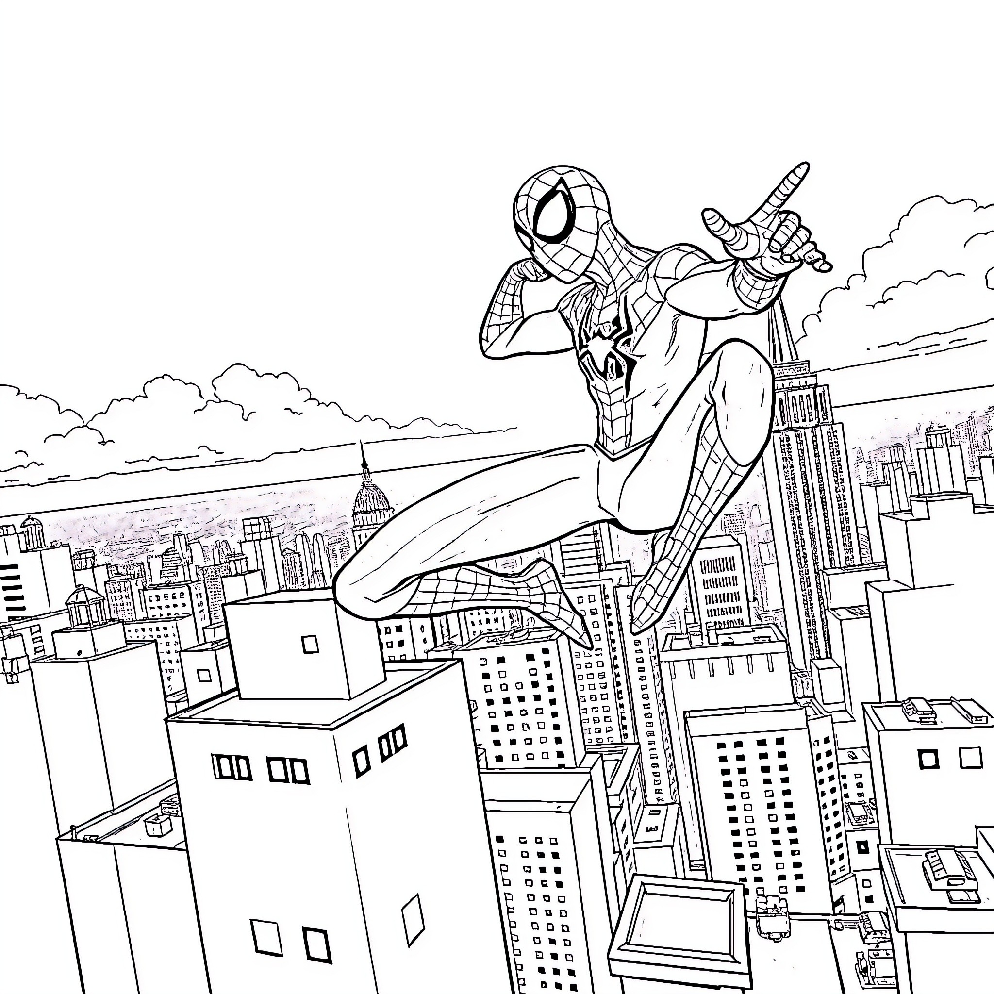Spiderman swinging over the city skyline Coloring Page (free black-and-white line drawing printable PDF for all, from beginners to advanced learners, including children, teens, adults, and seniors)