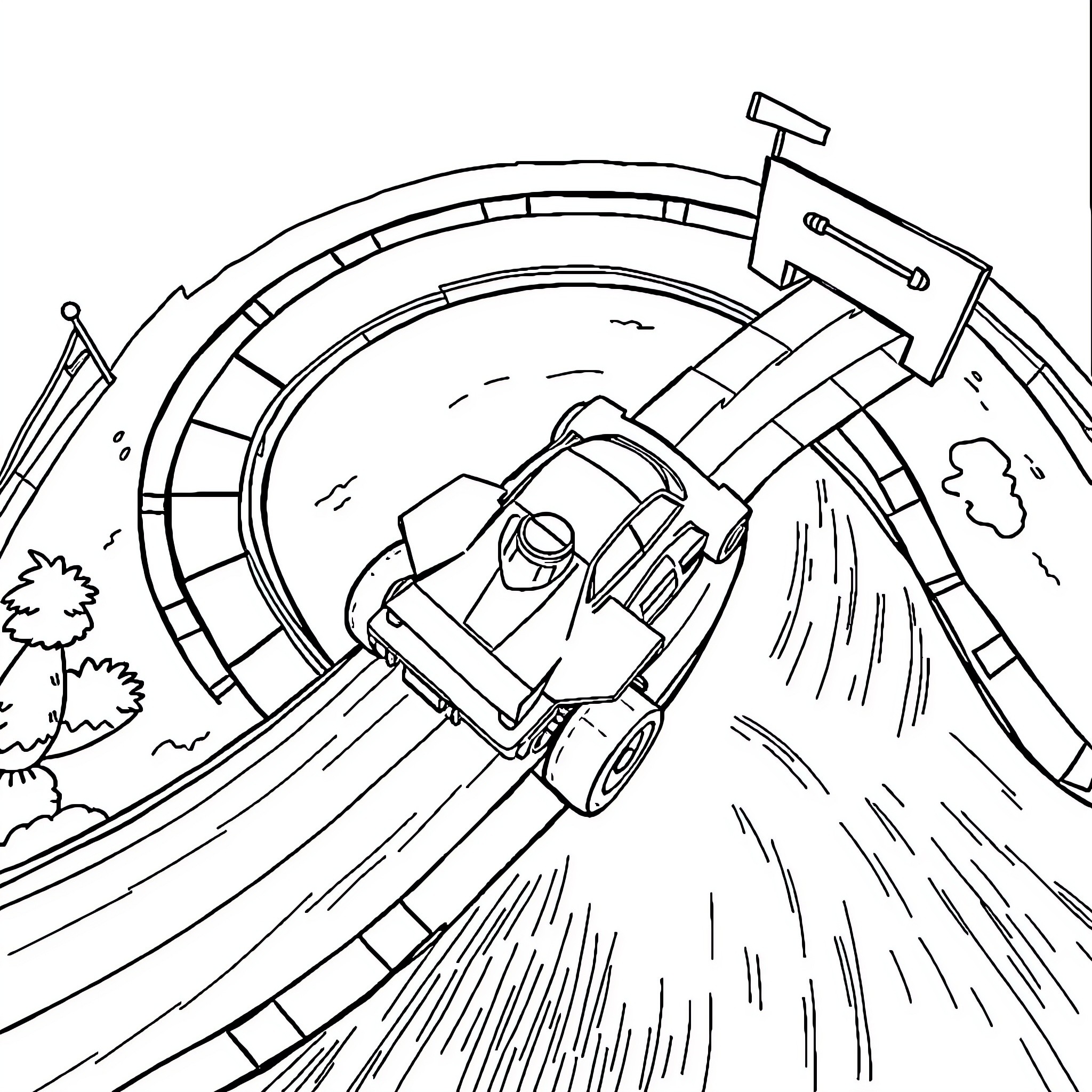RC Car racing down a winding track Coloring Page (free black-and-white line drawing printable PDF for all, from beginners to advanced learners, including children, teens, adults, and seniors)