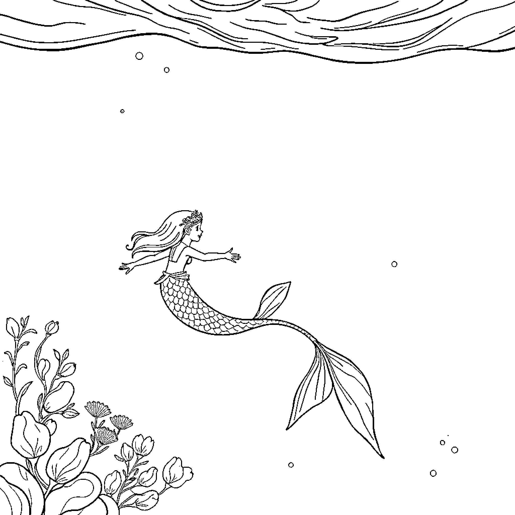 Mermaid swimming gracefully among underwater flora Coloring Page (free black-and-white line drawing printable PDF for all, from beginners to advanced learners, including children, teens, adults, and seniors)