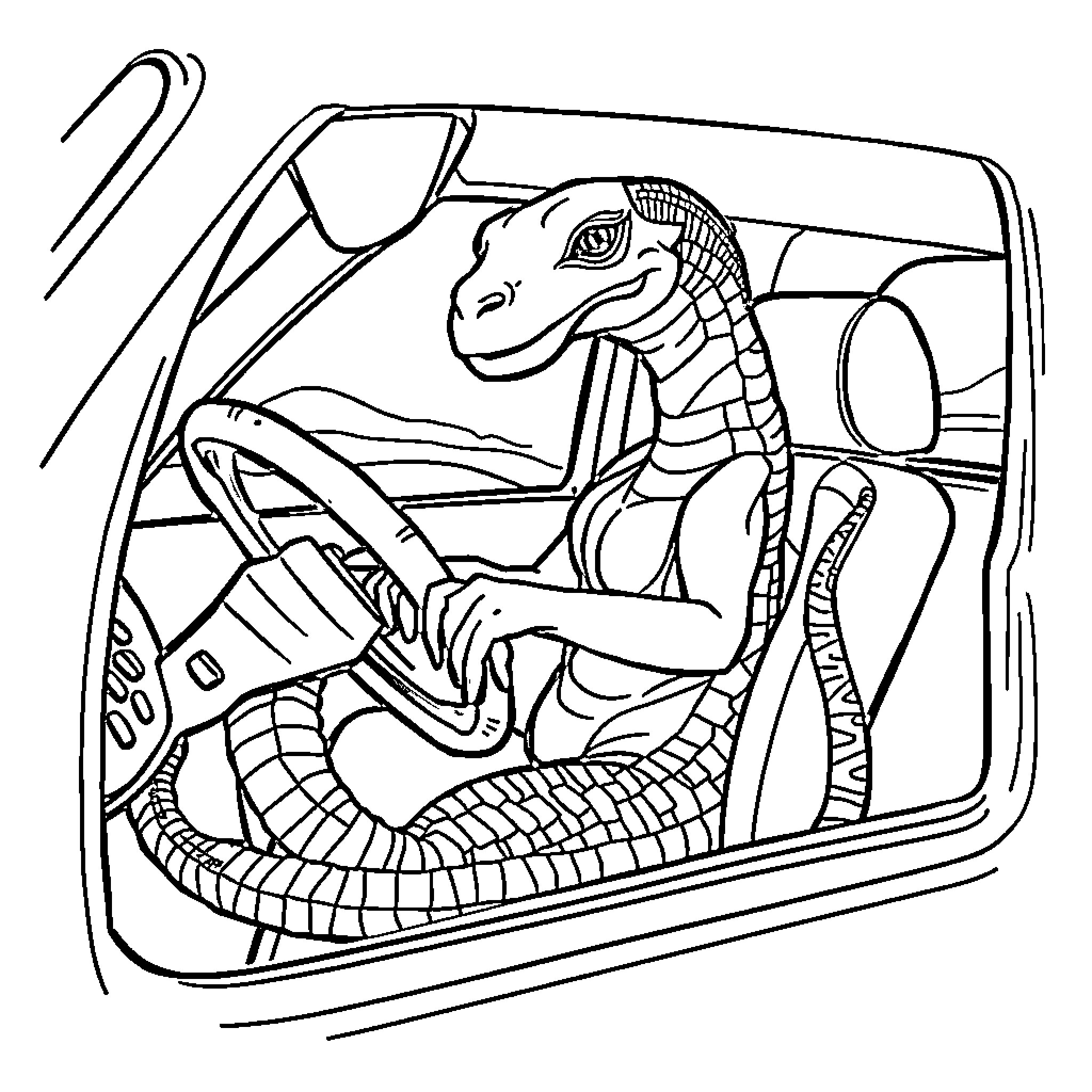 Siren serpent driving a car Coloring Page (free black-and-white line drawing printable PDF for all, from beginners to advanced learners, including children, teens, adults, and seniors)