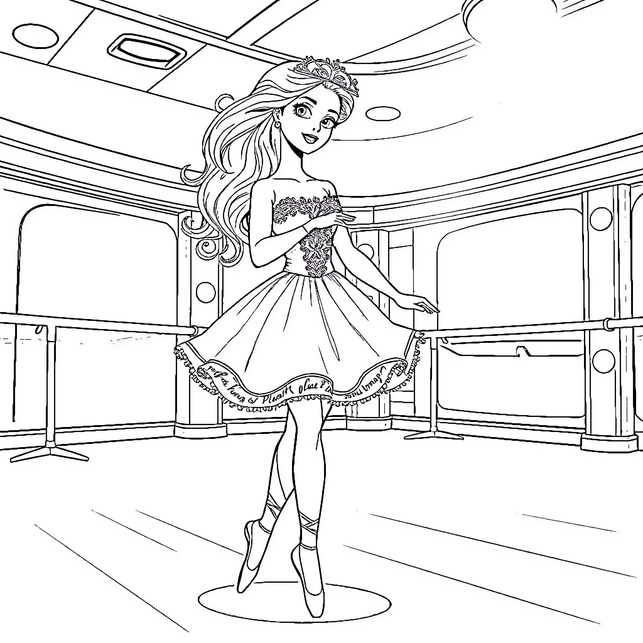 Barbie Performing Gracefully on Stage Coloring Page (free black-and-white line drawing printable PDF for all, from beginners to advanced learners, including children, teens, adults, and seniors)