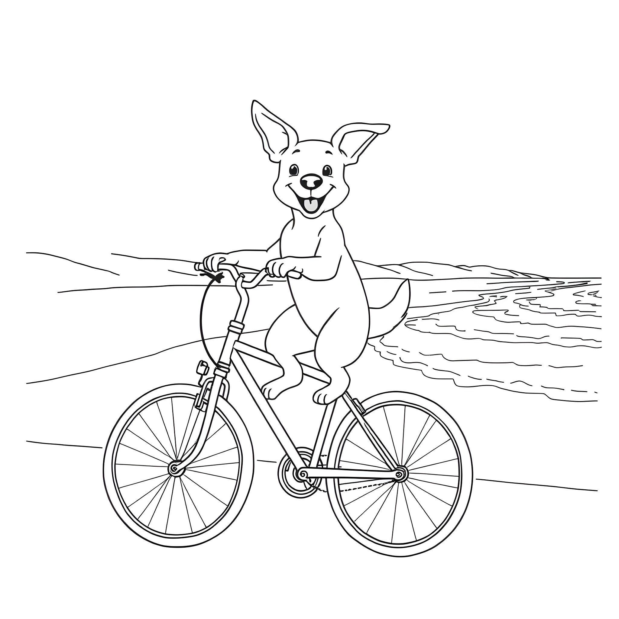 Dog riding a bicycle on the beach Coloring Page (free black-and-white line drawing printable PDF for all, from beginners to advanced learners, including children, teens, adults, and seniors)