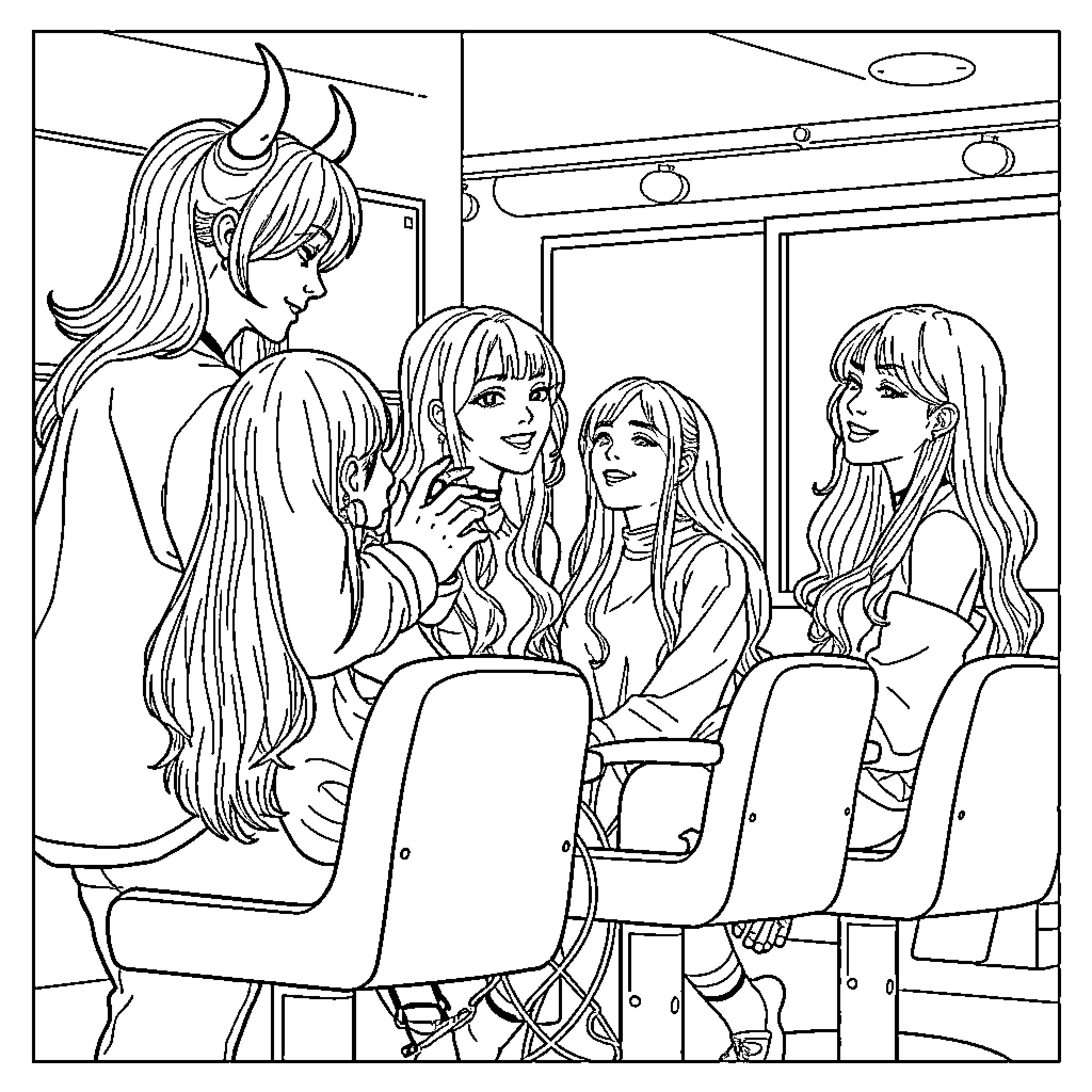 Kpop Girls Chatting Backstage Excitedly Coloring Page (free black-and-white line drawing printable PDF for all, from beginners to advanced learners, including children, teens, adults, and seniors)