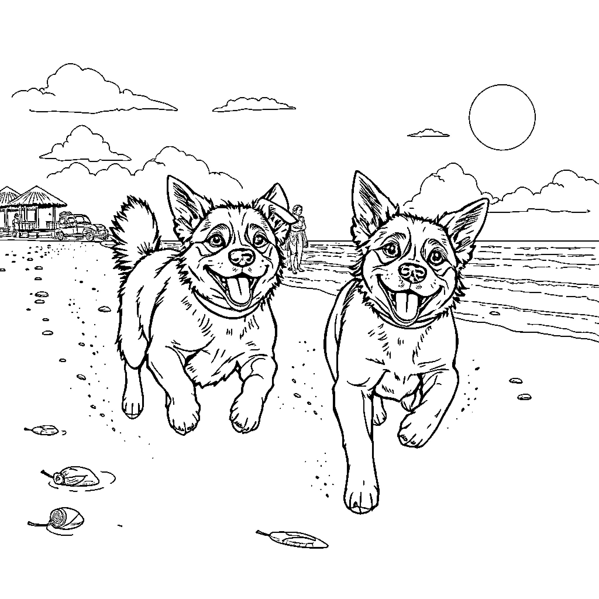 Dogs frolicking joyfully on the beach Coloring Page (free black-and-white line drawing printable PDF for all, from beginners to advanced learners, including children, teens, adults, and seniors)