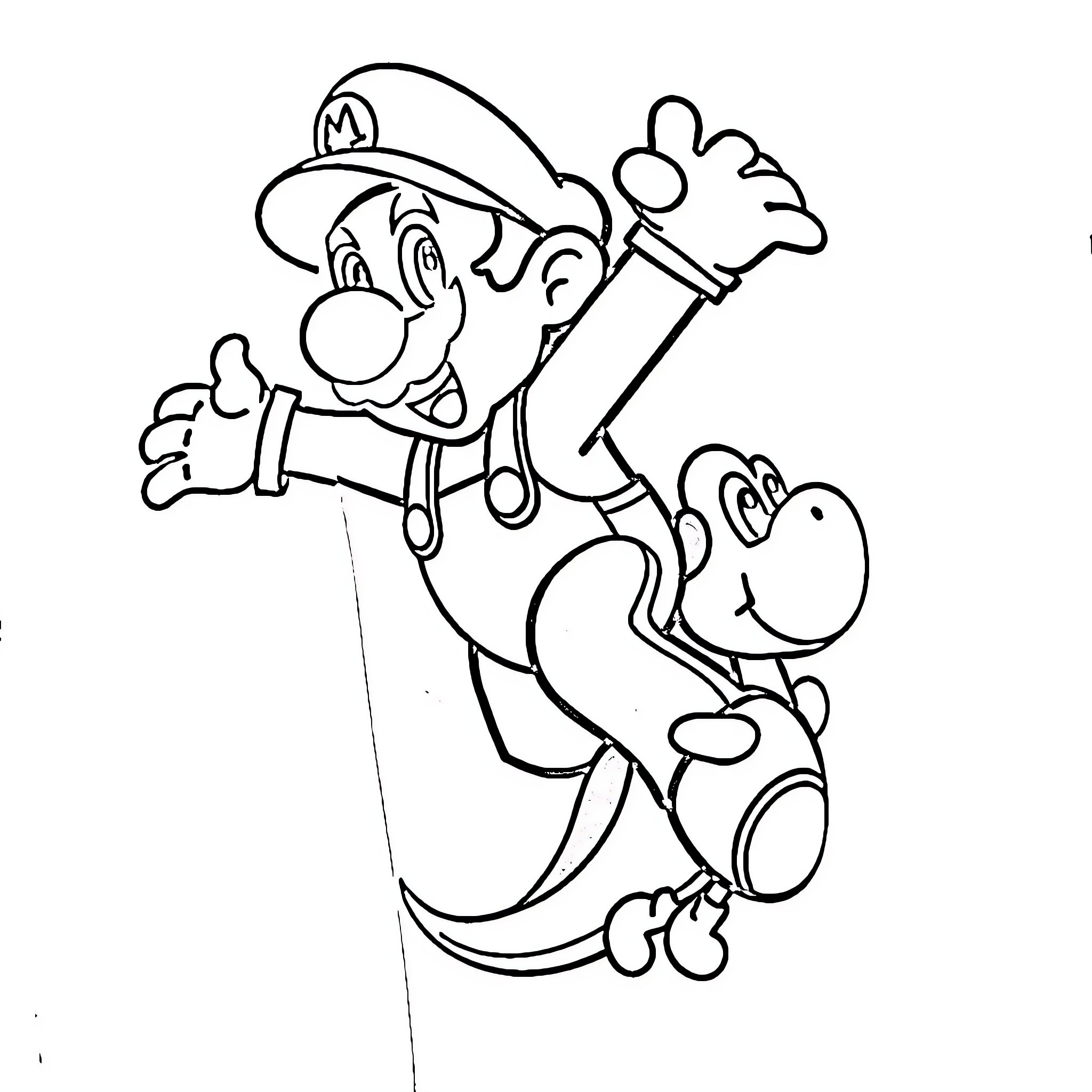 Super Mario Jumping with Yoshi Companion Coloring Page (free black-and-white line drawing printable PDF for all, from beginners to advanced learners, including children, teens, adults, and seniors)