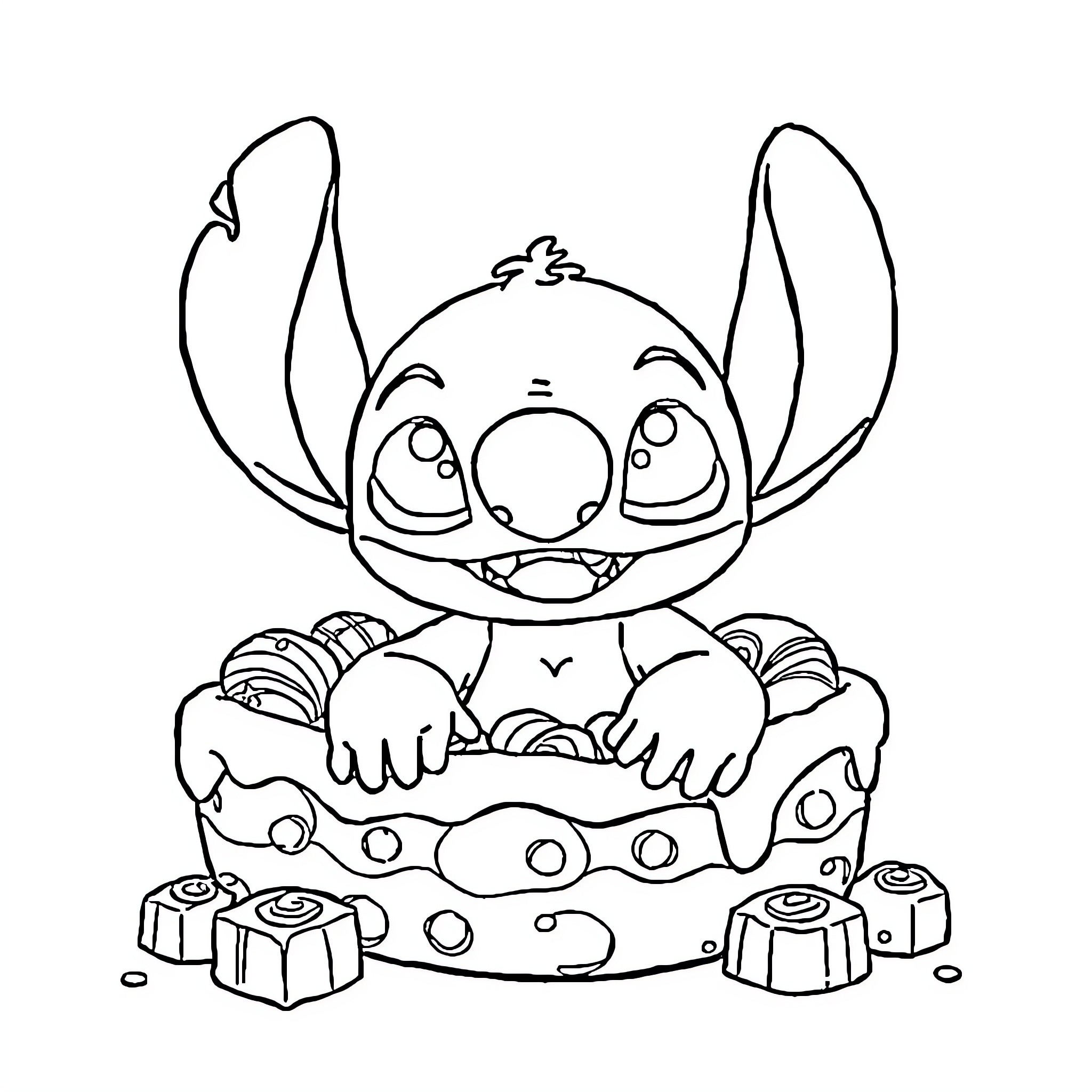 Stitch playing with his treats and toys Coloring Page (free black-and-white line drawing printable PDF for all, from beginners to advanced learners, including children, teens, adults, and seniors)