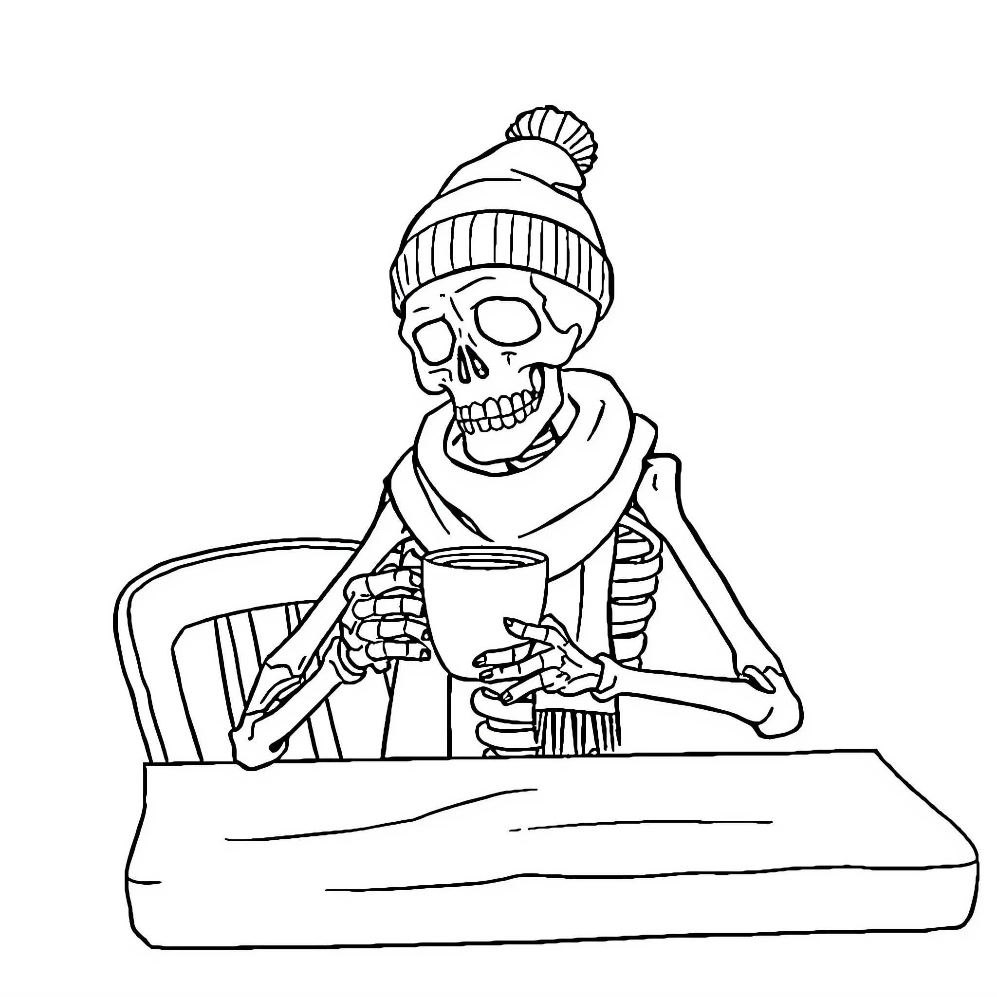 Skeleton sipping hot drink in winter attire Coloring Page (free black-and-white line drawing printable PDF for all, from beginners to advanced learners, including children, teens, adults, and seniors)