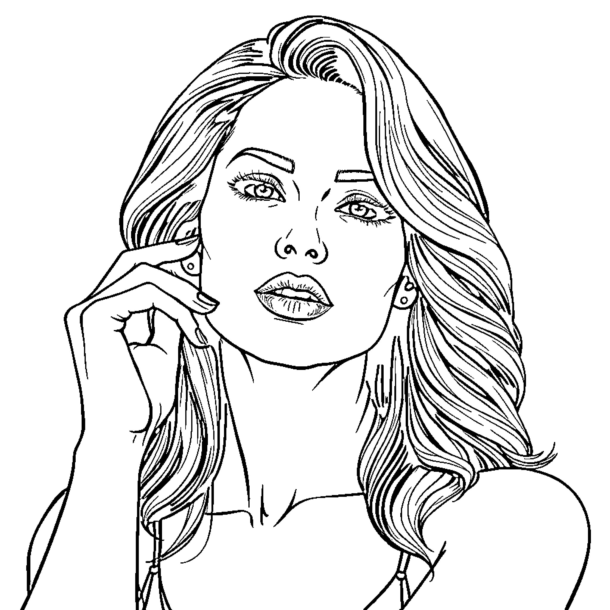 Woman with long flowing hair and striking expression Coloring Page (free black-and-white line drawing printable PDF for all, from beginners to advanced learners, including children, teens, adults, and seniors)