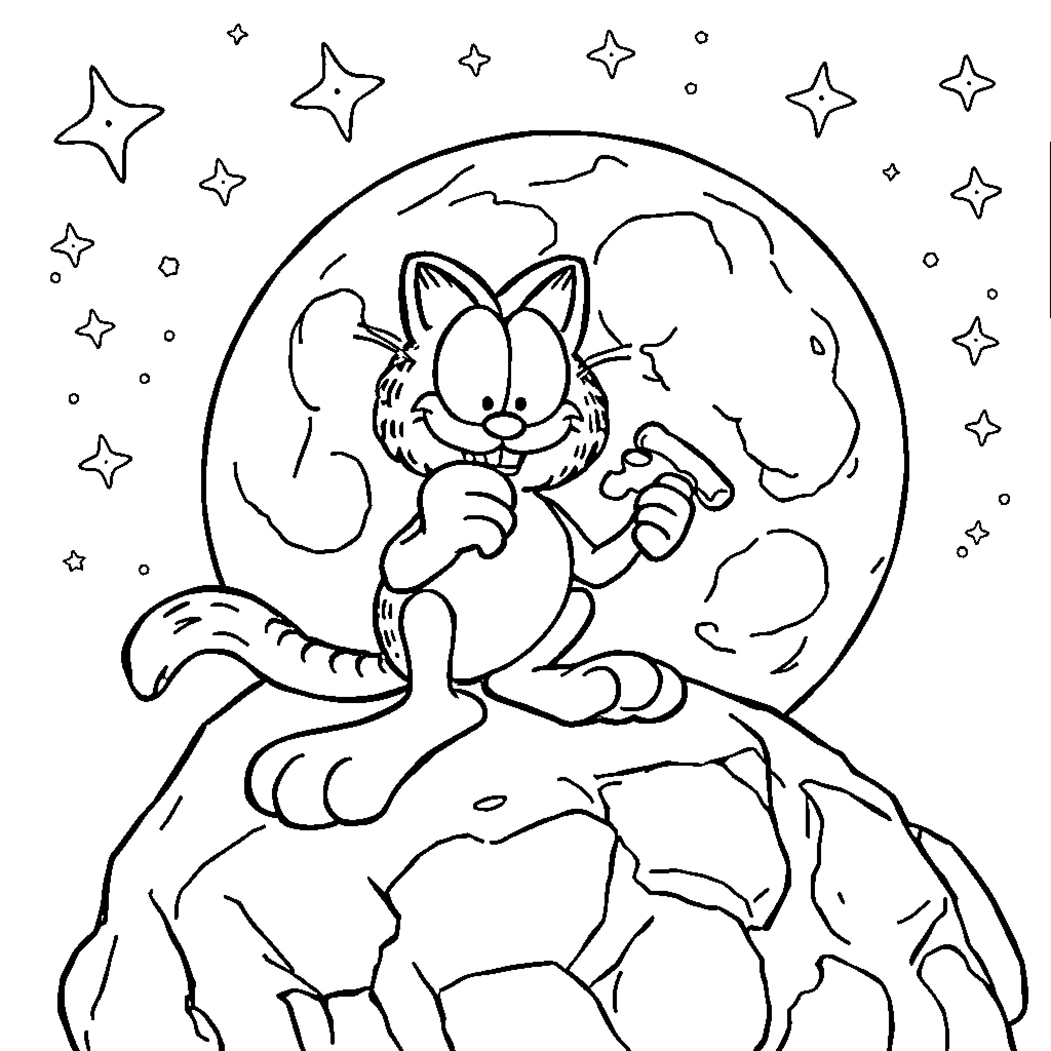 Garfield enjoying a starry night on the moon Coloring Page (free black-and-white line drawing printable PDF for all, from beginners to advanced learners, including children, teens, adults, and seniors)