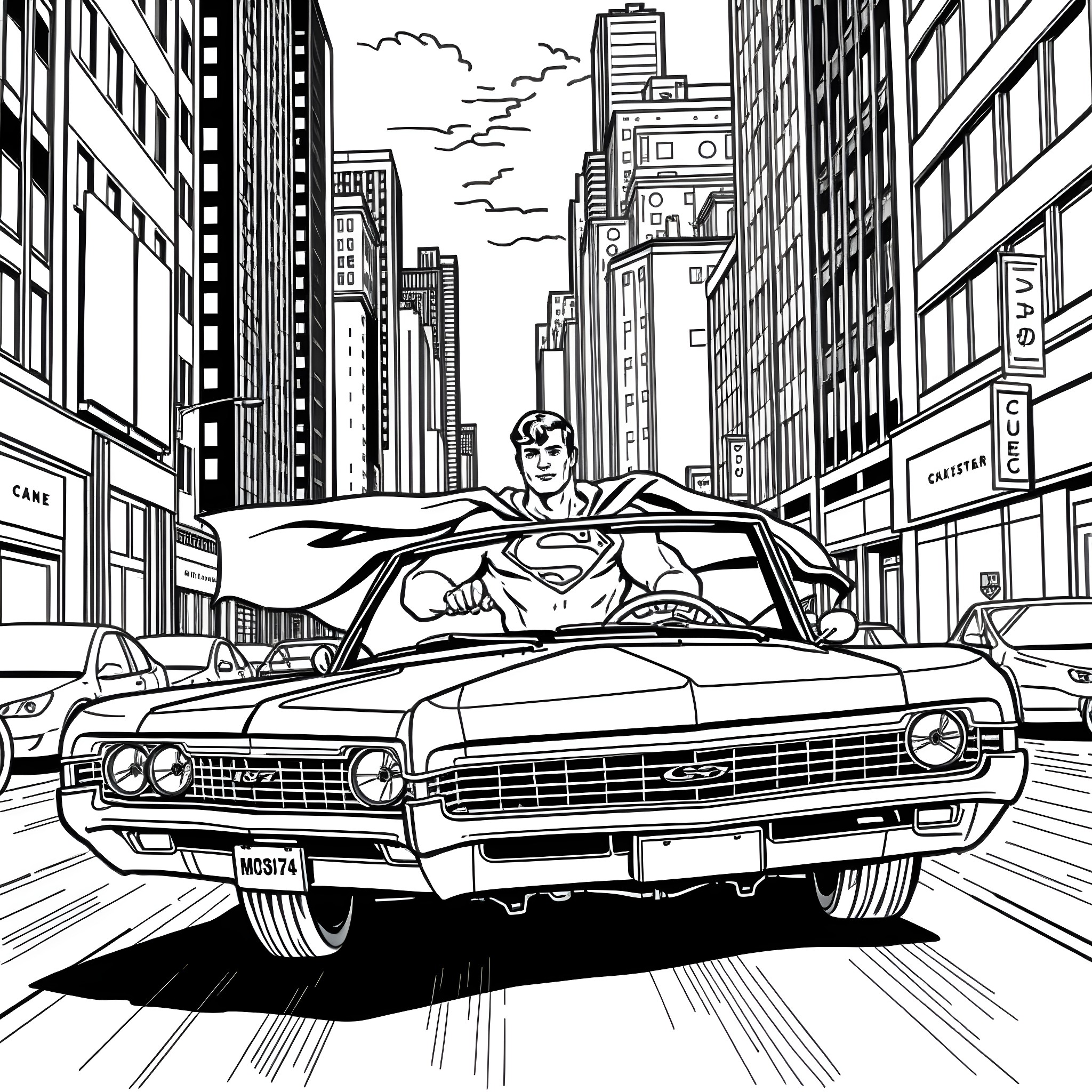 Impala speeding through the bustling city streets Coloring Page (free black-and-white line drawing printable PDF for all, from beginners to advanced learners, including children, teens, adults, and seniors)