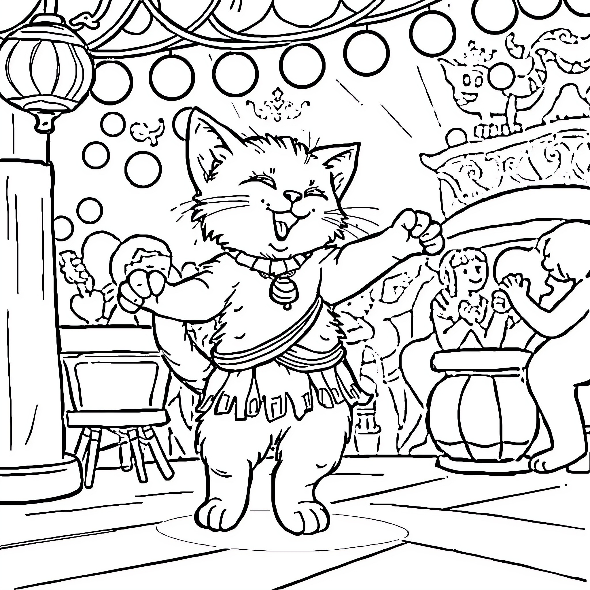 Chat at the Lively Street Festival Coloring Page (free black-and-white line drawing printable PDF for all, from beginners to advanced learners, including children, teens, adults, and seniors)