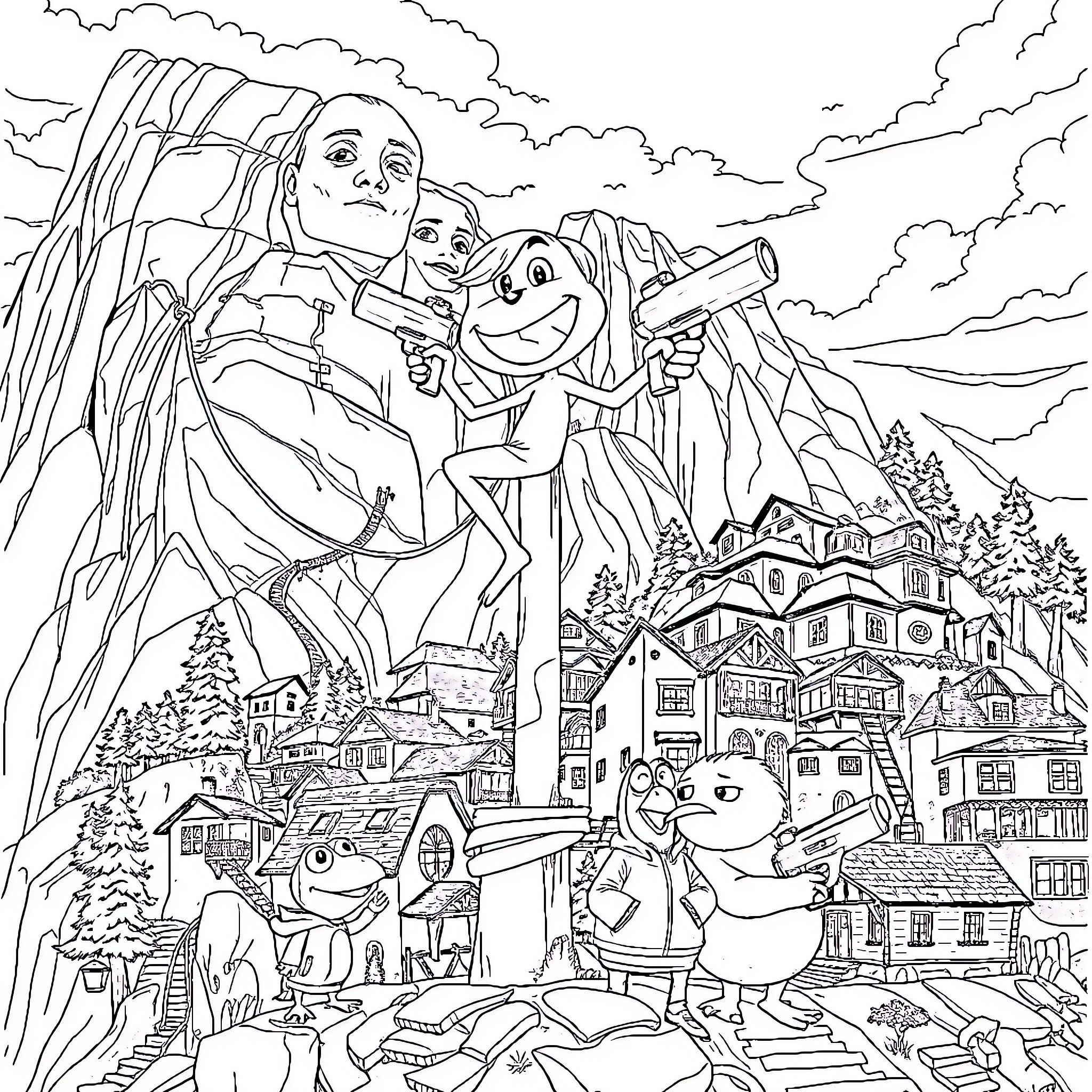 Pepe's Snowy Adventure with Cartoon Characters Coloring Page (free black-and-white line drawing printable PDF for all, from beginners to advanced learners, including children, teens, adults, and seniors)