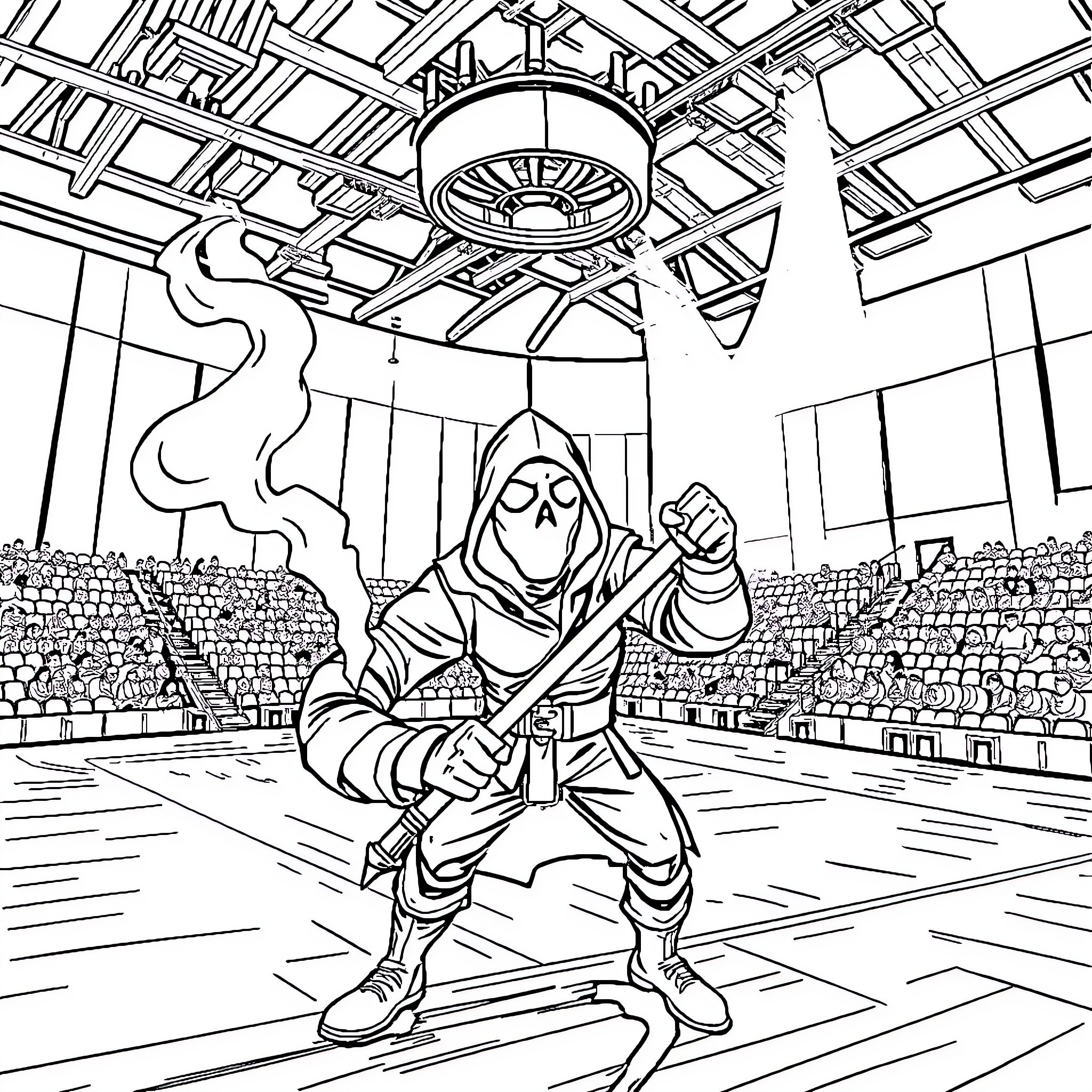 Cappuccino Fantasy Warrior in Action Arena Coloring Page (free black-and-white line drawing printable PDF for all, from beginners to advanced learners, including children, teens, adults, and seniors)