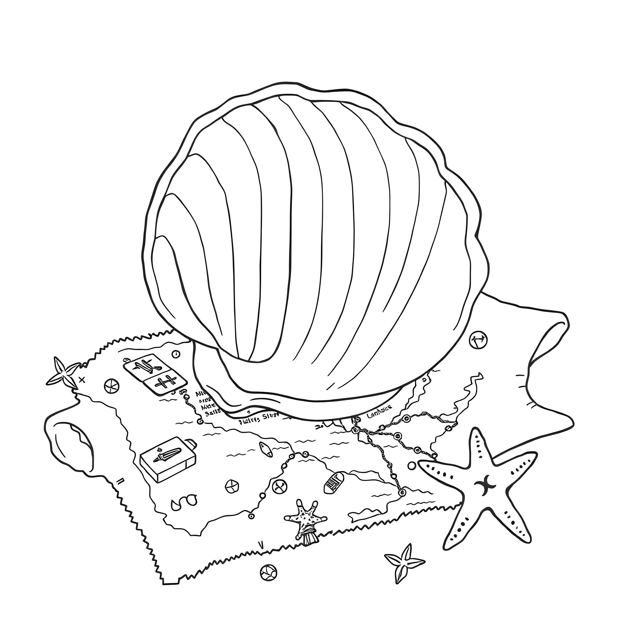 Seashell and beach elements illustration Coloring Page (free black-and-white line drawing printable PDF for all, from beginners to advanced learners, including children, teens, adults, and seniors)
