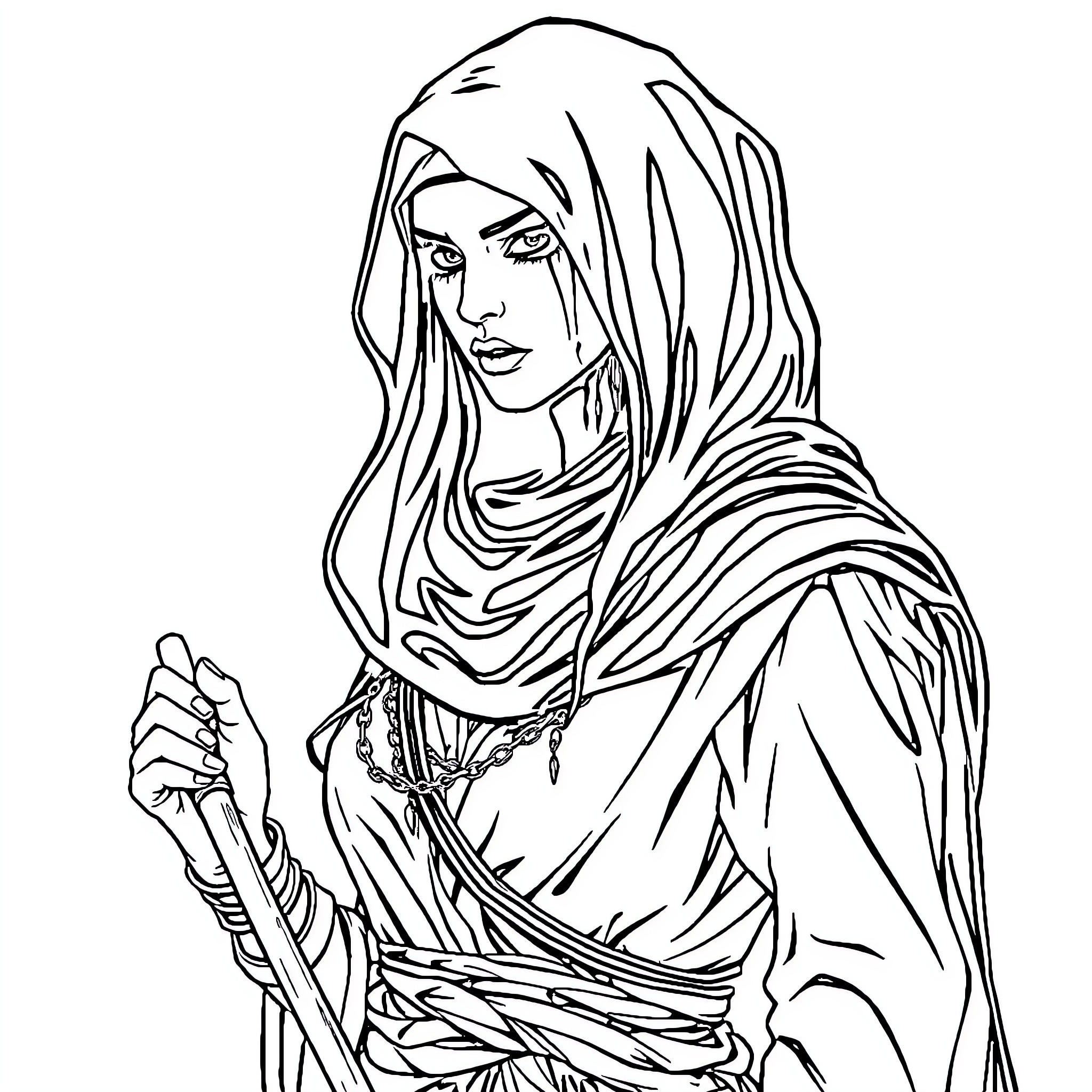 Warrior with Determined Expression and Robe Coloring Page (free black-and-white line drawing printable PDF for all, from beginners to advanced learners, including children, teens, adults, and seniors)