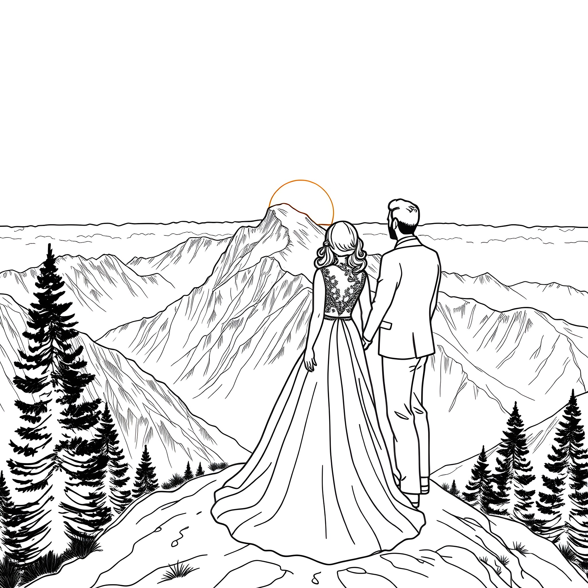 Couple admiring the serene mountain landscape Coloring Page (free black-and-white line drawing printable PDF for all, from beginners to advanced learners, including children, teens, adults, and seniors)