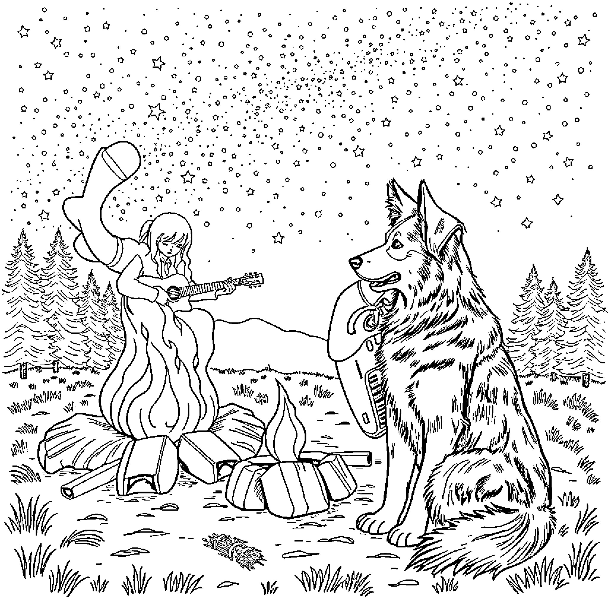 Australian Shepherd playing with girl by campfire under starry night Coloring Page (free black-and-white line drawing printable PDF for all, from beginners to advanced learners, including children, teens, adults, and seniors)