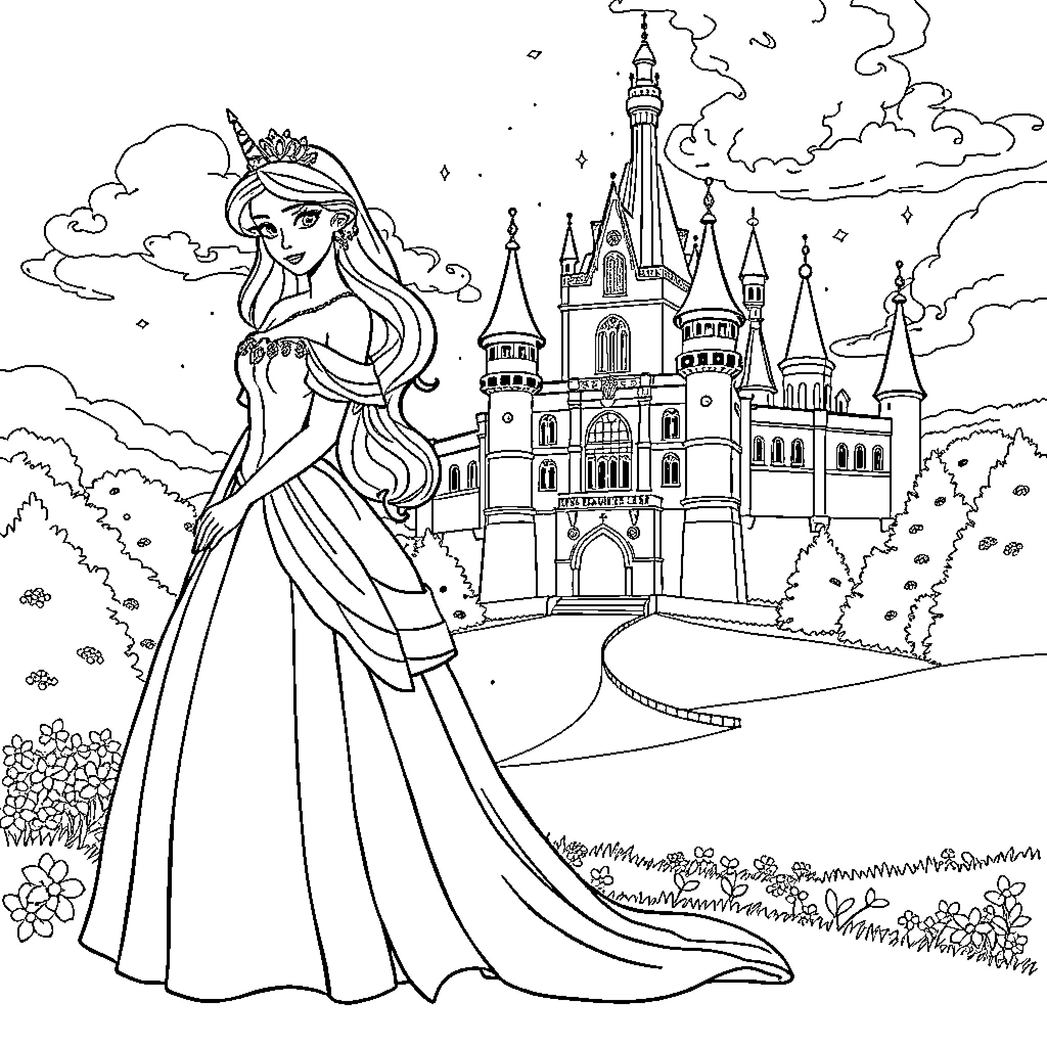 Princess in Elegant Dress Admiring Enchanting Castle Coloring Page (free black-and-white line drawing printable PDF for all, from beginners to advanced learners, including children, teens, adults, and seniors)