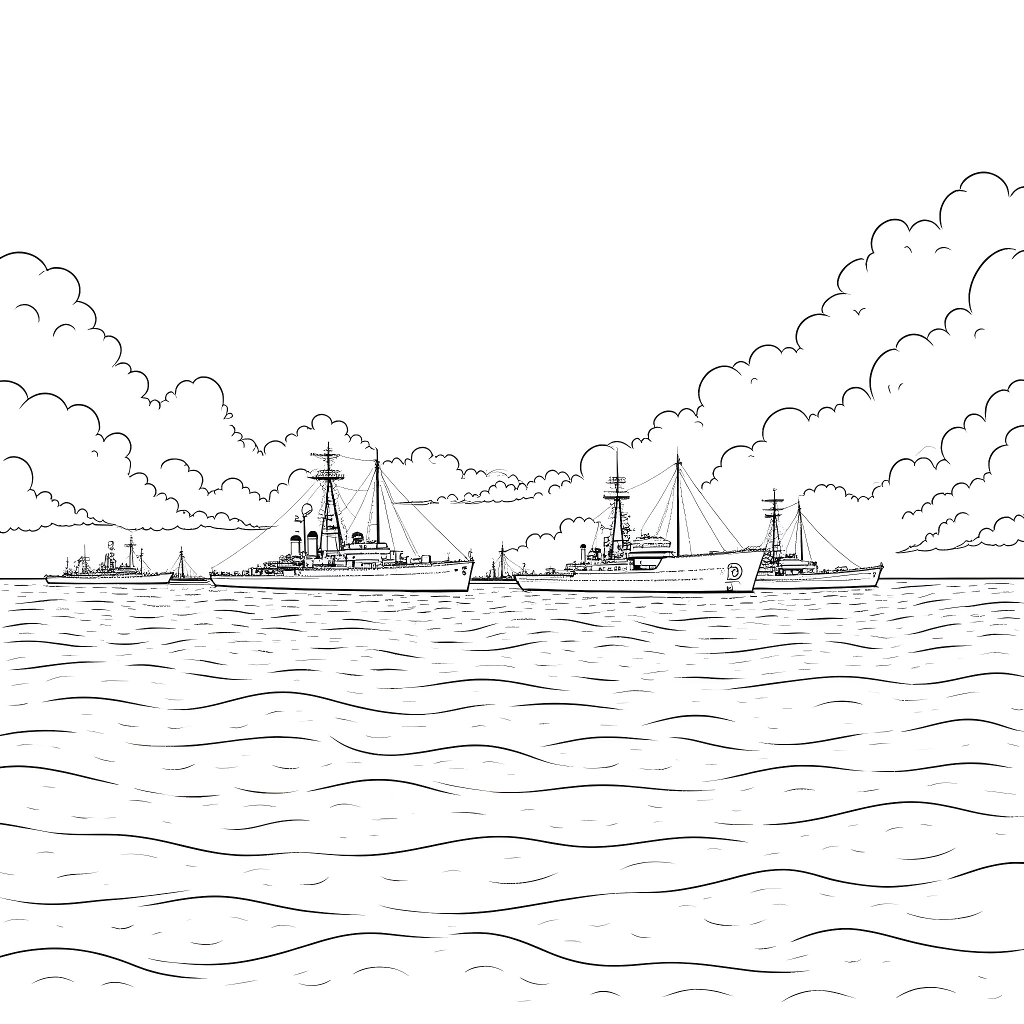 Bob Ross paints nautical scene with warships Coloring Page (free black-and-white line drawing printable PDF for all, from beginners to advanced learners, including children, teens, adults, and seniors)