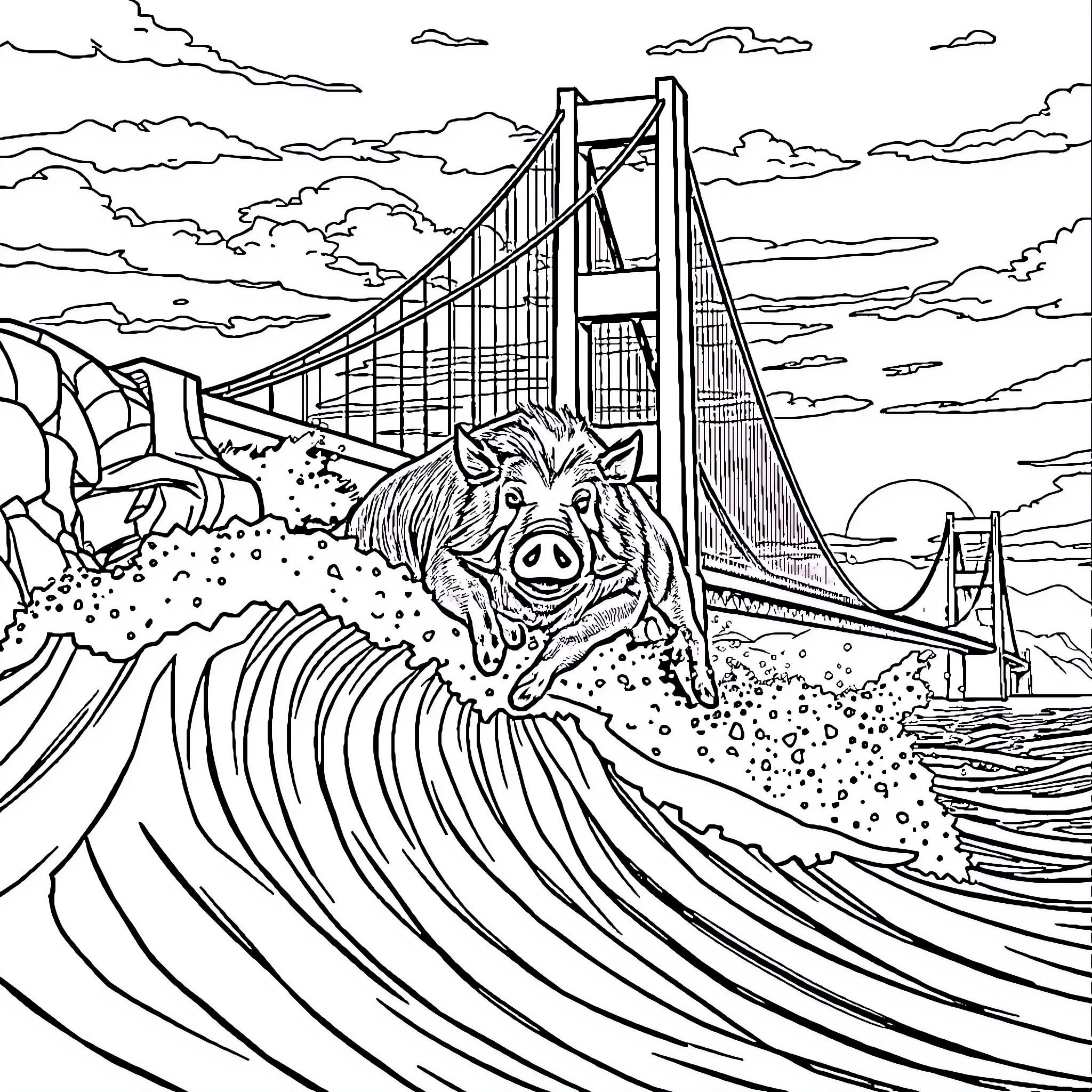 Wild Boar Riding Waves by Golden Gate Bridge Coloring Page (free black-and-white line drawing printable PDF for all, from beginners to advanced learners, including children, teens, adults, and seniors)