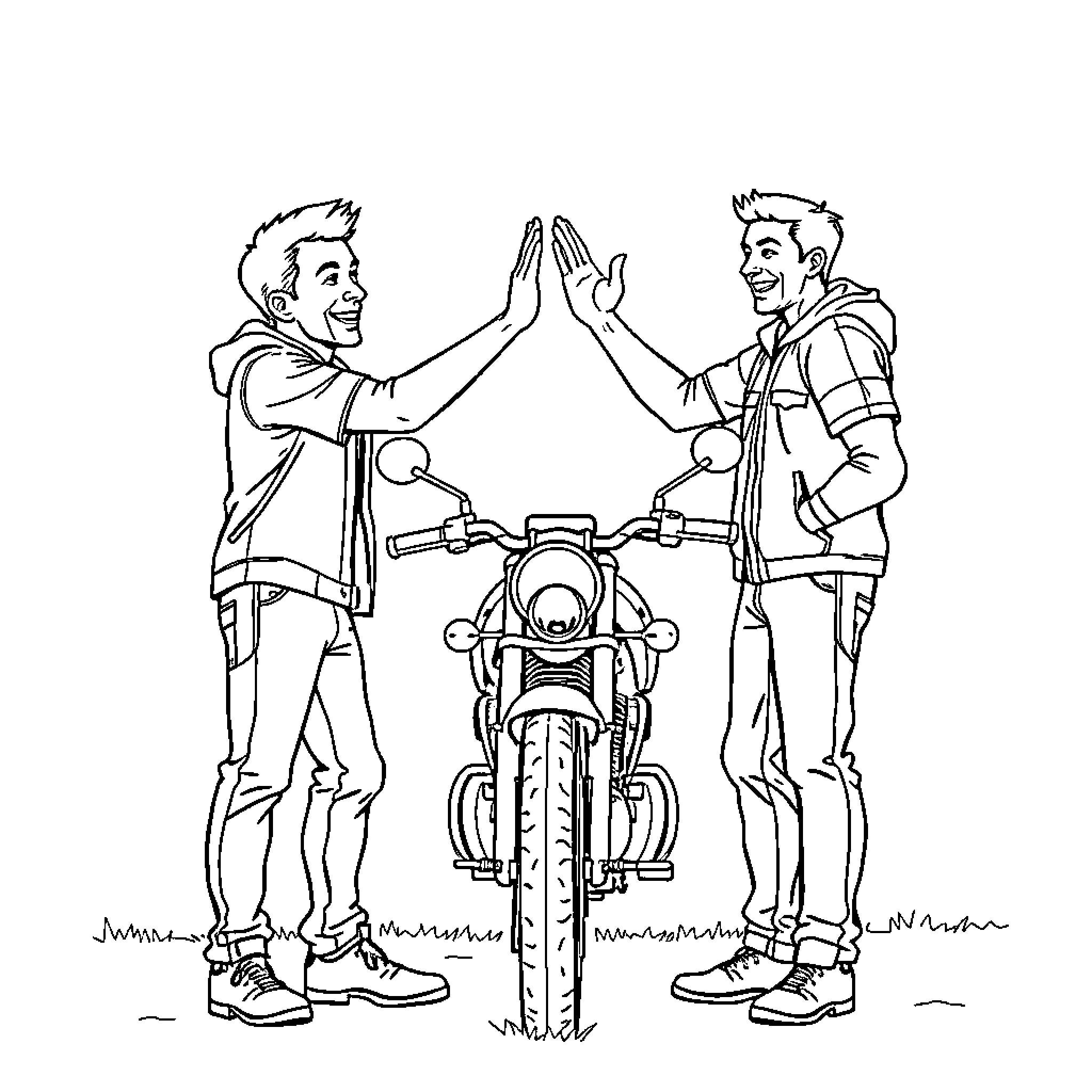 Guy friends high-fiving and celebrating motorcycle Coloring Page (free black-and-white line drawing printable PDF for all, from beginners to advanced learners, including children, teens, adults, and seniors)