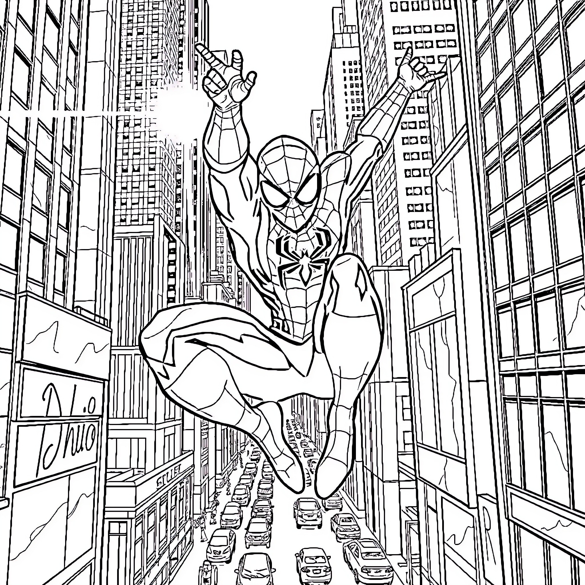 Spider-Man swinging through the city skyline Coloring Page (free black-and-white line drawing printable PDF for all, from beginners to advanced learners, including children, teens, adults, and seniors)