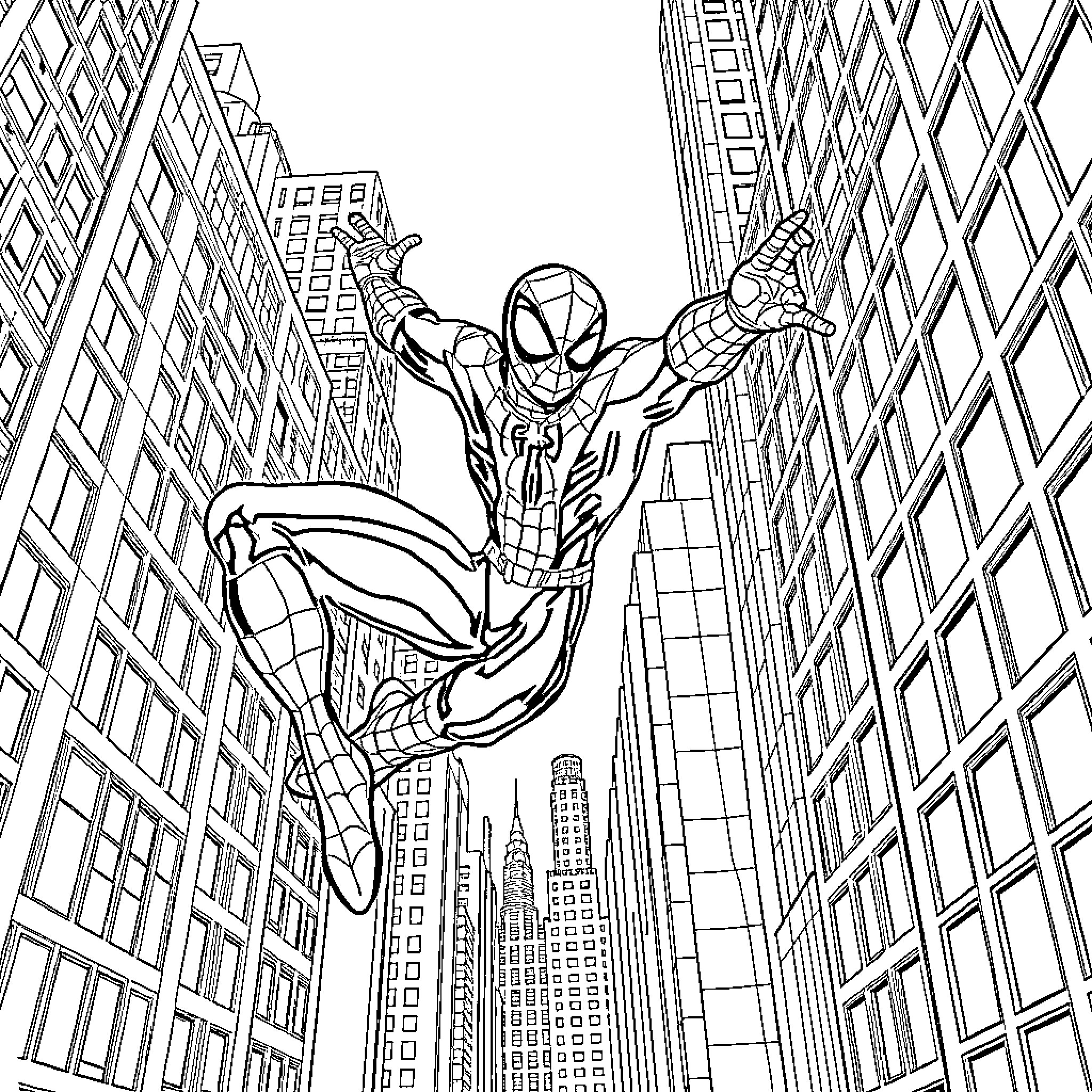 Spiderman web-slinging through the city skyline Coloring Page (free black-and-white line drawing printable PDF for all, from beginners to advanced learners, including children, teens, adults, and seniors)