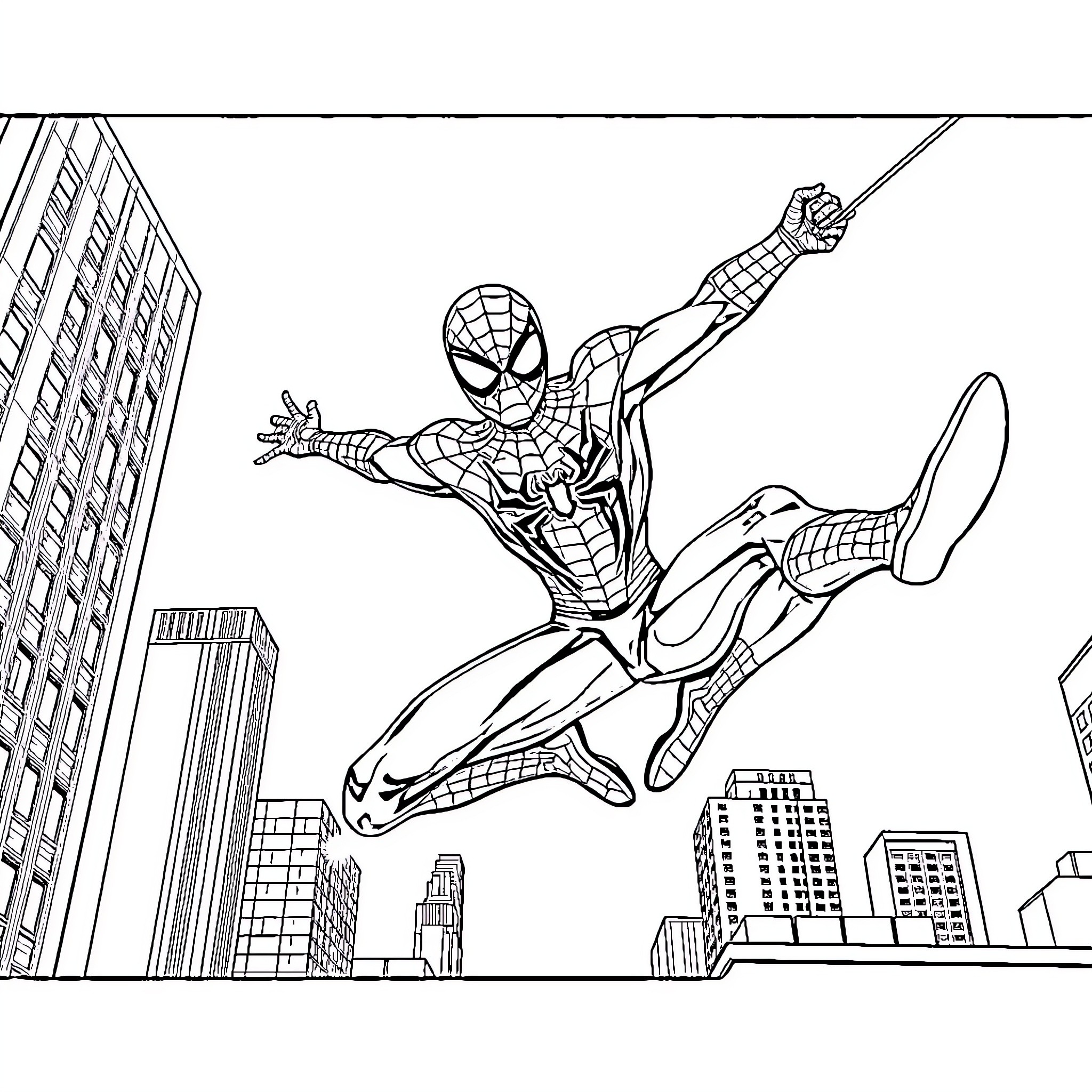 Spider-Man swinging through the city streets Coloring Page (free black-and-white line drawing printable PDF for all, from beginners to advanced learners, including children, teens, adults, and seniors)