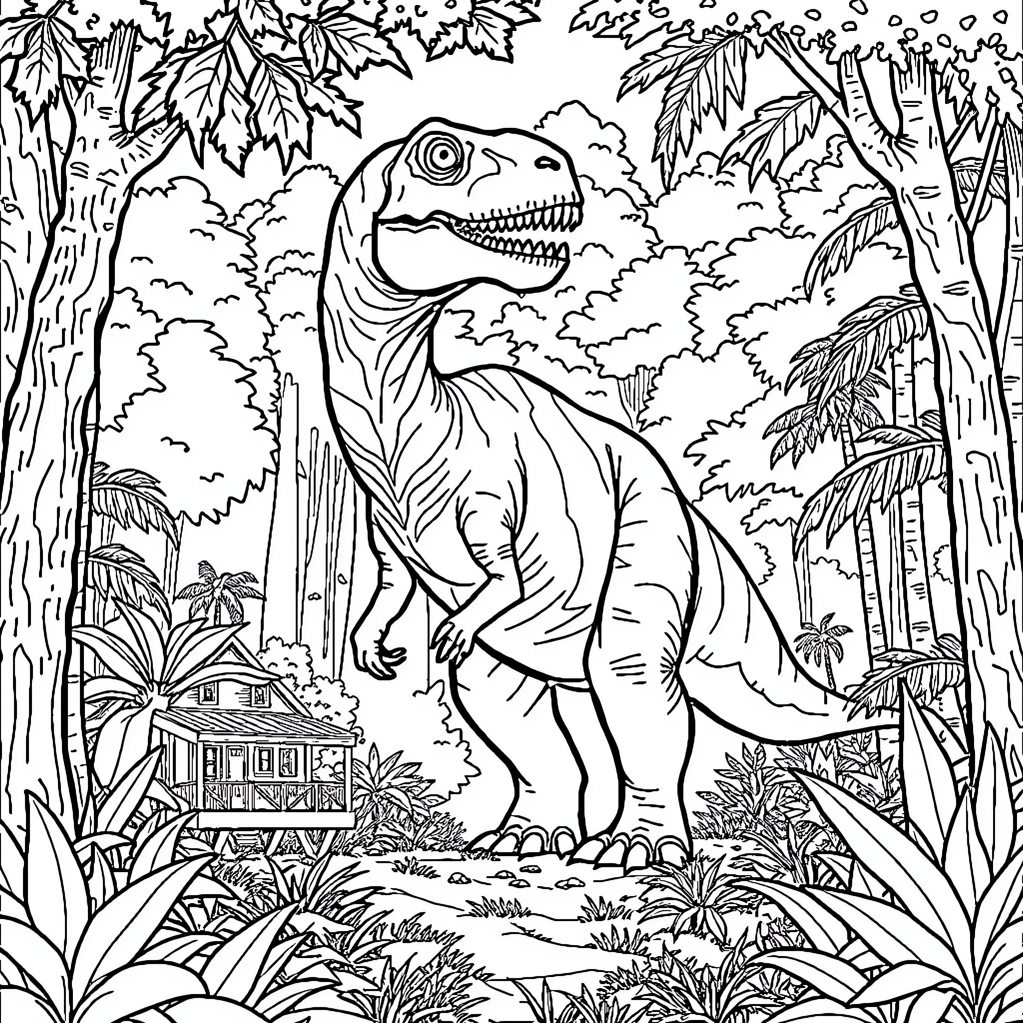 Dinosaur in the Lush Jungle Landscape Coloring Page (free black-and-white line drawing printable PDF for all, from beginners to advanced learners, including children, teens, adults, and seniors)