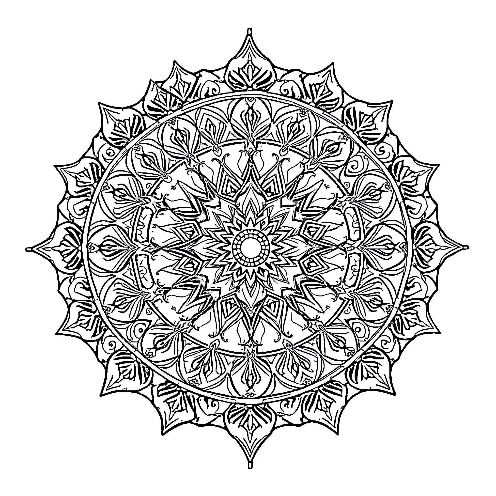 Crescent Moon Mandala Design Coloring Page (free black-and-white line drawing printable PDF for all, from beginners to advanced learners, including children, teens, adults, and seniors)