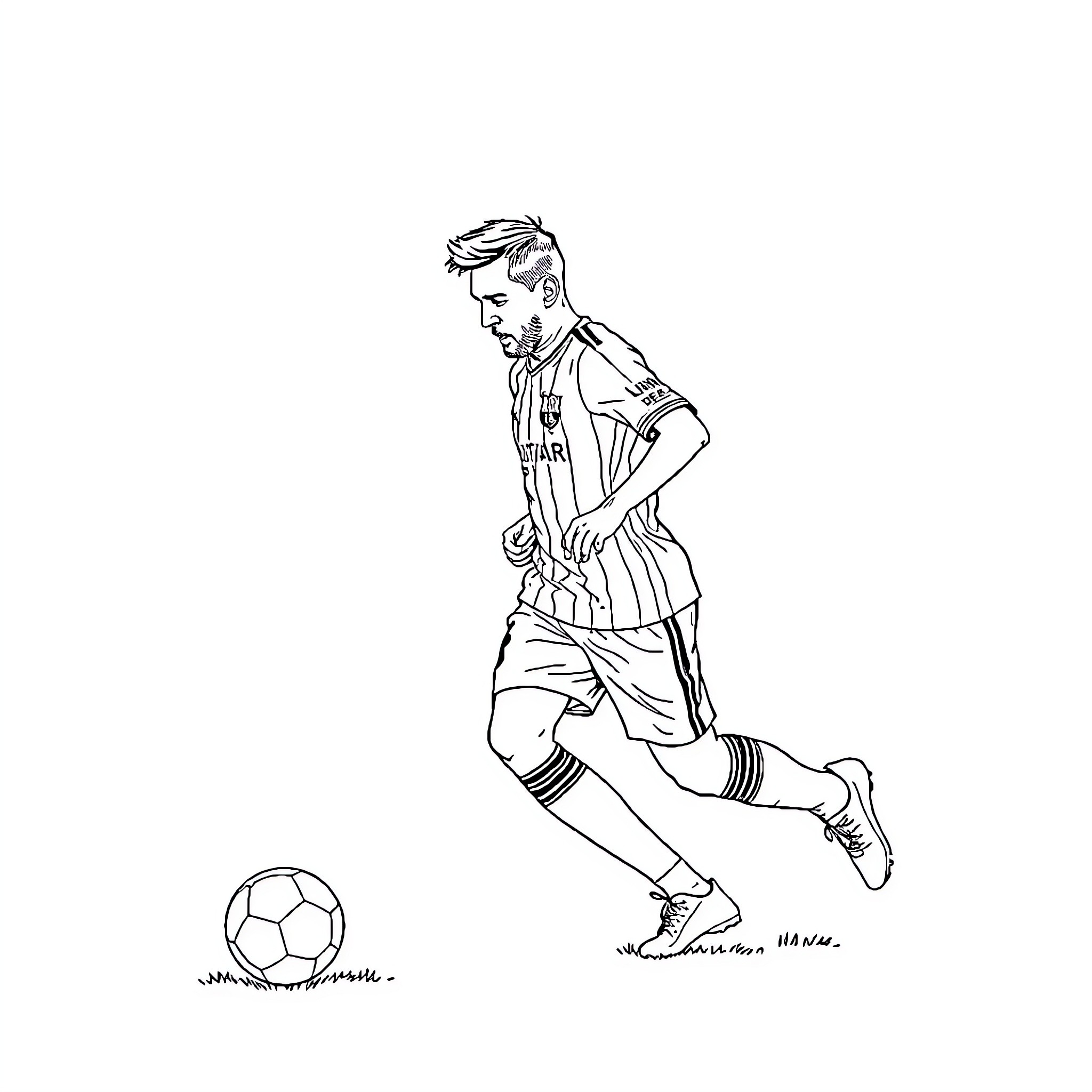 Messi dribbling a soccer ball on the field Coloring Page (free black-and-white line drawing printable PDF for all, from beginners to advanced learners, including children, teens, adults, and seniors)