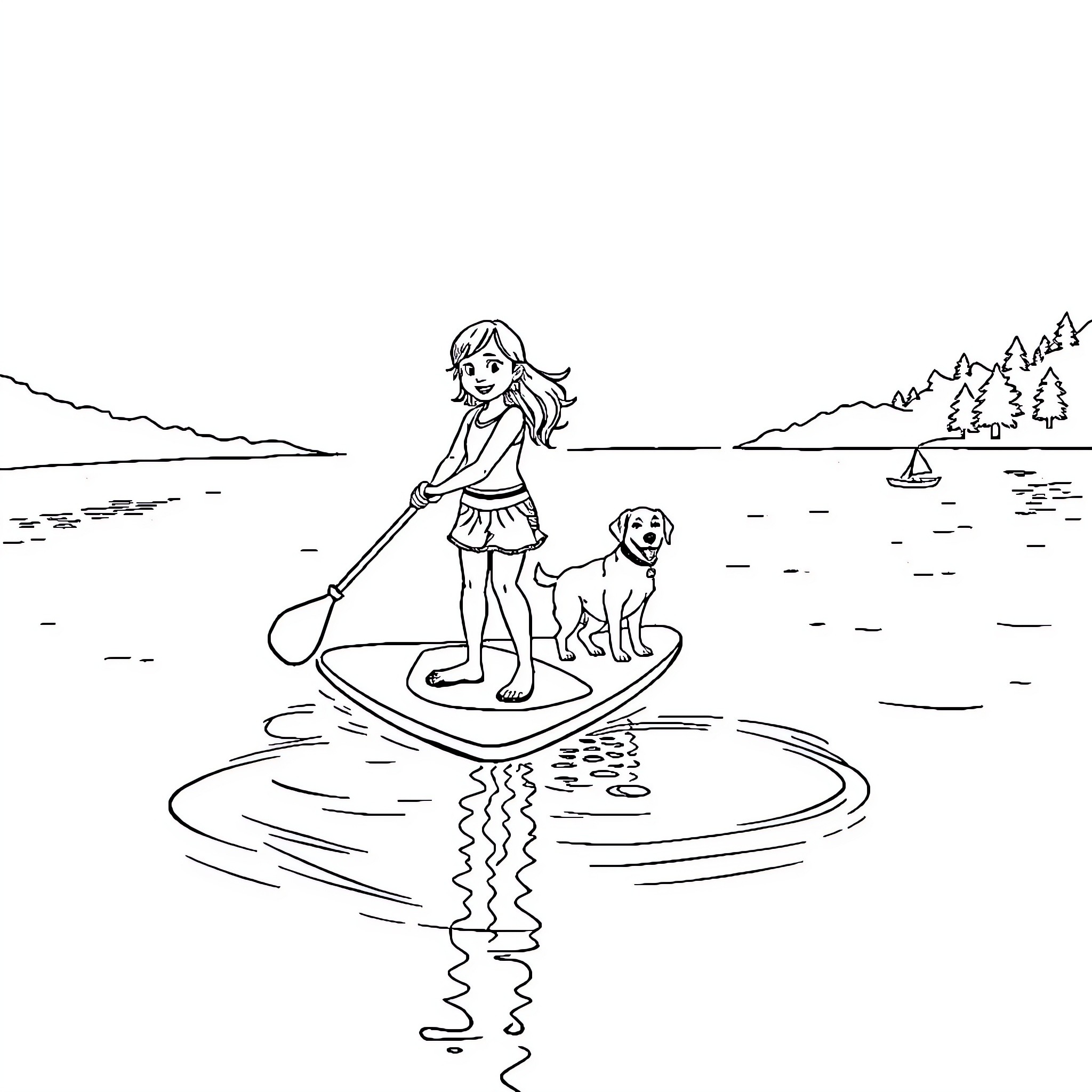 Girl paddle boarding with dog on serene lake Coloring Page (free black-and-white line drawing printable PDF for all, from beginners to advanced learners, including children, teens, adults, and seniors)