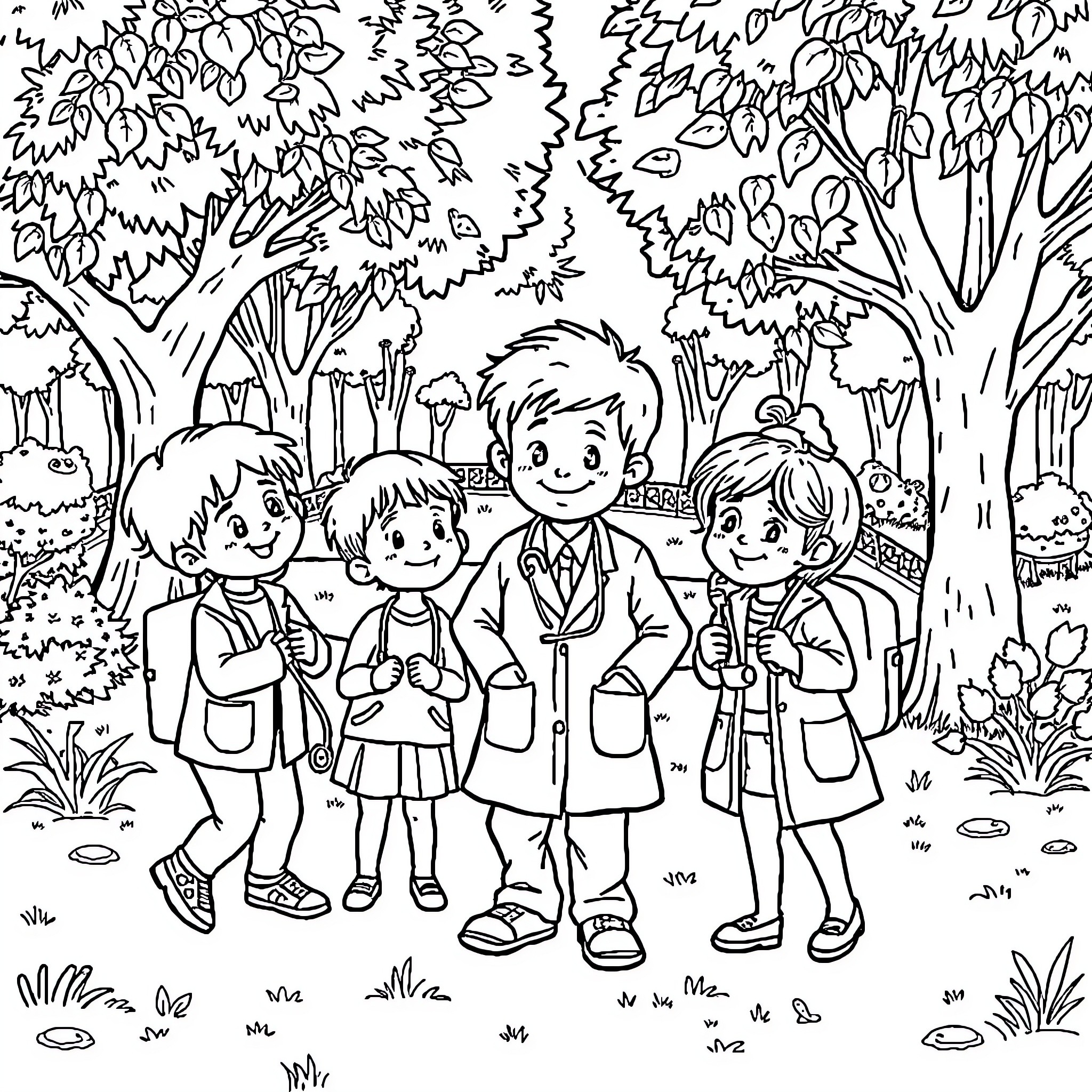 Children exploring a forest path together Coloring Page (free black-and-white line drawing printable PDF for all, from beginners to advanced learners, including children, teens, adults, and seniors)