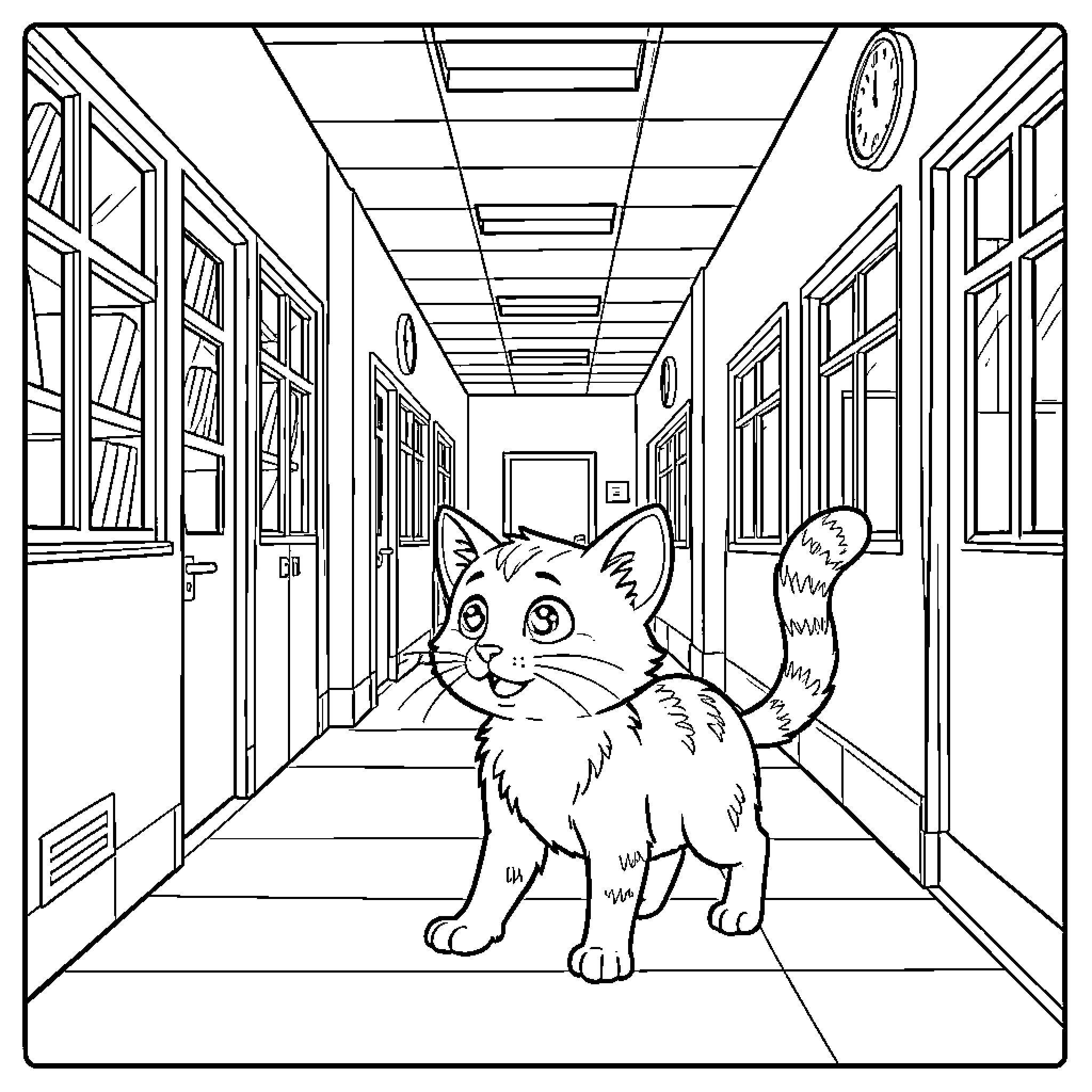 Genet explores the school hallway Coloring Page (free black-and-white line drawing printable PDF for all, from beginners to advanced learners, including children, teens, adults, and seniors)