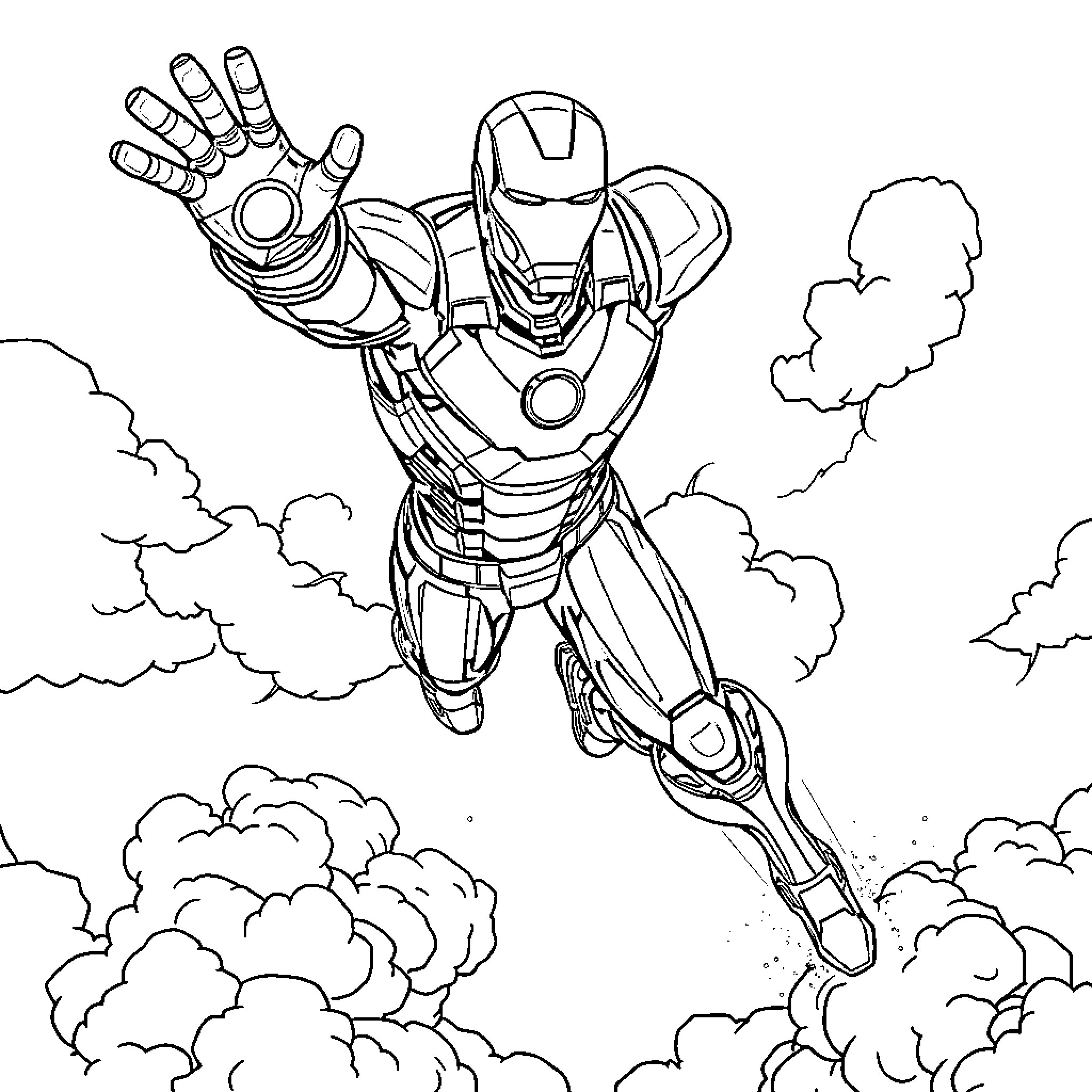 Iron Man flying through the sky with power Coloring Page (free black-and-white line drawing printable PDF for all, from beginners to advanced learners, including children, teens, adults, and seniors)