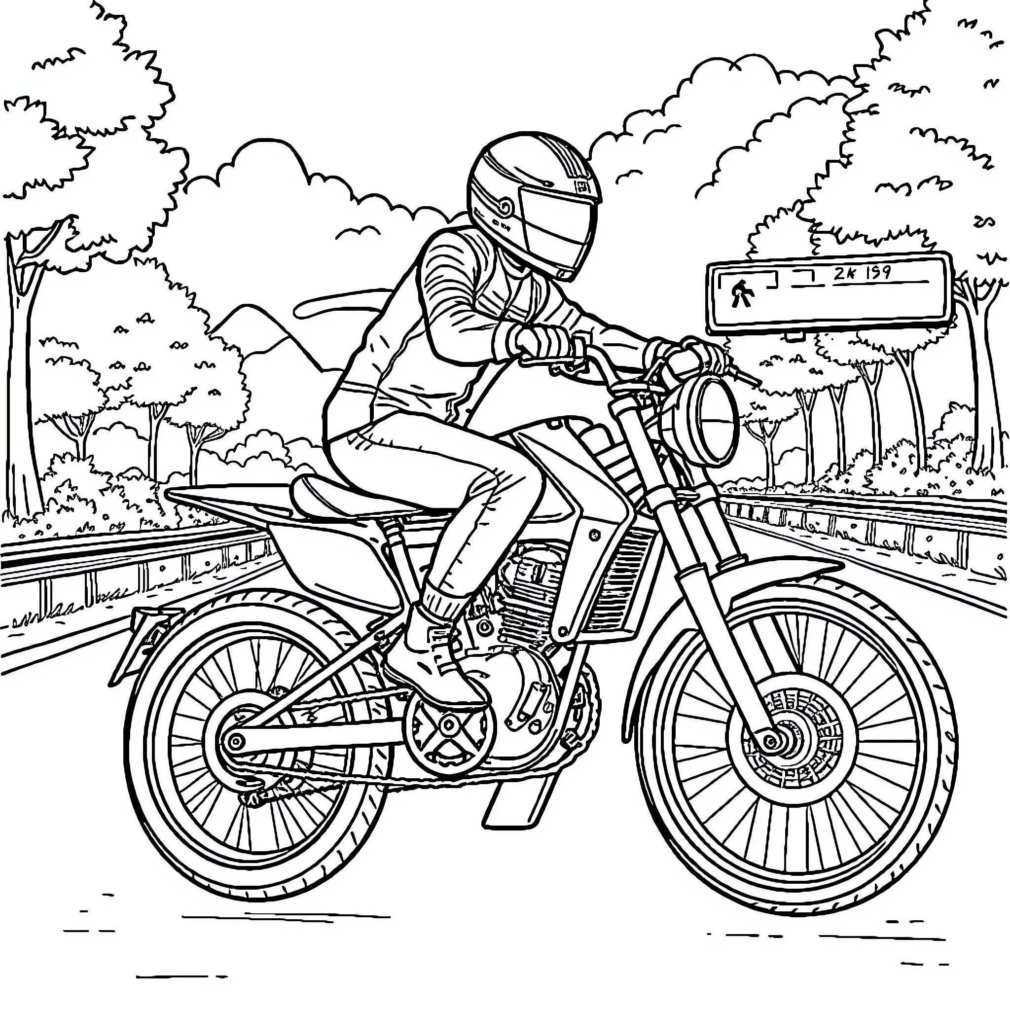 Motorbike rider navigating winding road Coloring Page (free black-and-white line drawing printable PDF for all, from beginners to advanced learners, including children, teens, adults, and seniors)