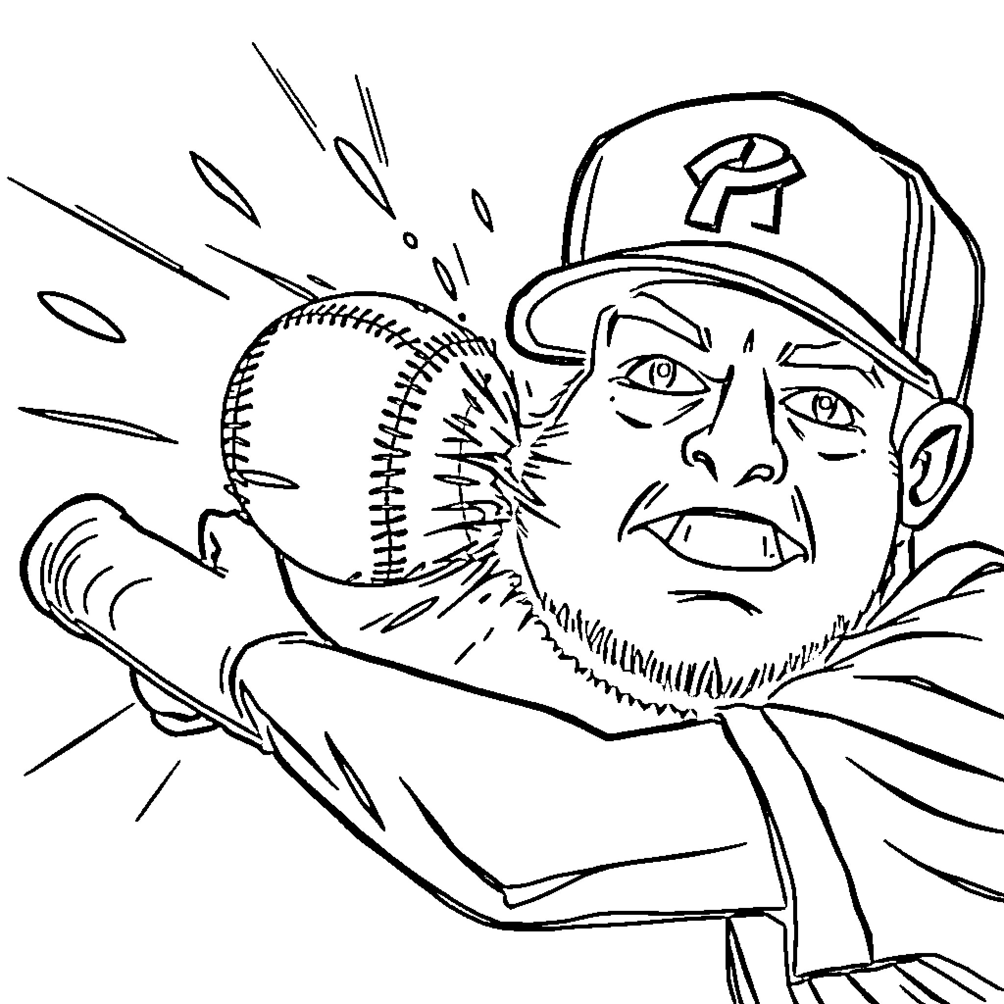 Baseball player in action with intense expression Coloring Page (free black-and-white line drawing printable PDF for all, from beginners to advanced learners, including children, teens, adults, and seniors)